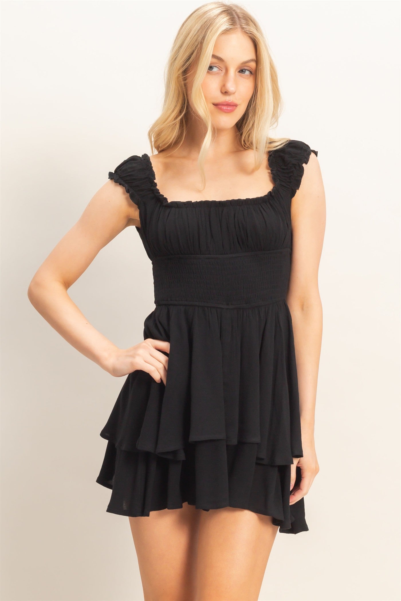 Wholesale Smocked Square Neck Romper Clothing HF26A377 BLACK HYFVE