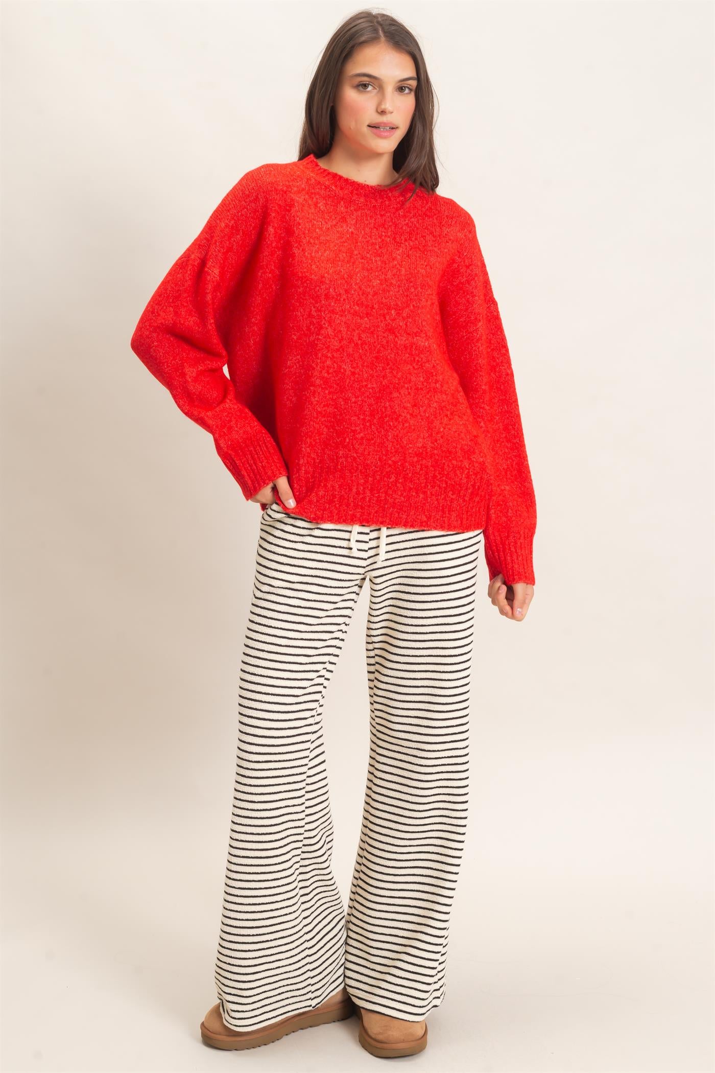 Wholesale Ribbed Crew Neck Sweater Sweaters HF26F179-D RED HYFVE