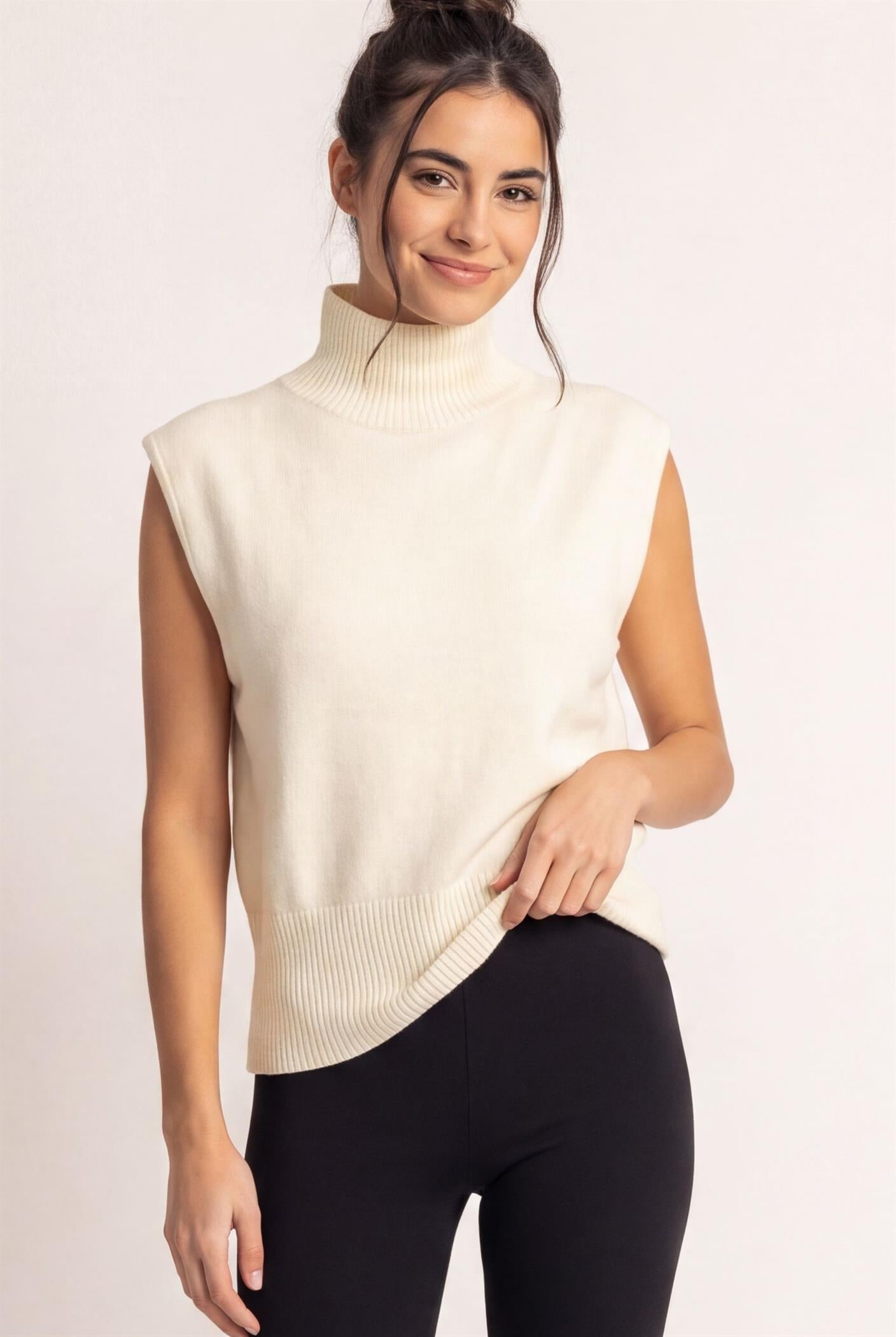 Wholesale Sleeveless High Neck Knit Top Clothing Tops DZ26E946 CREAM DOUBLE ZERO