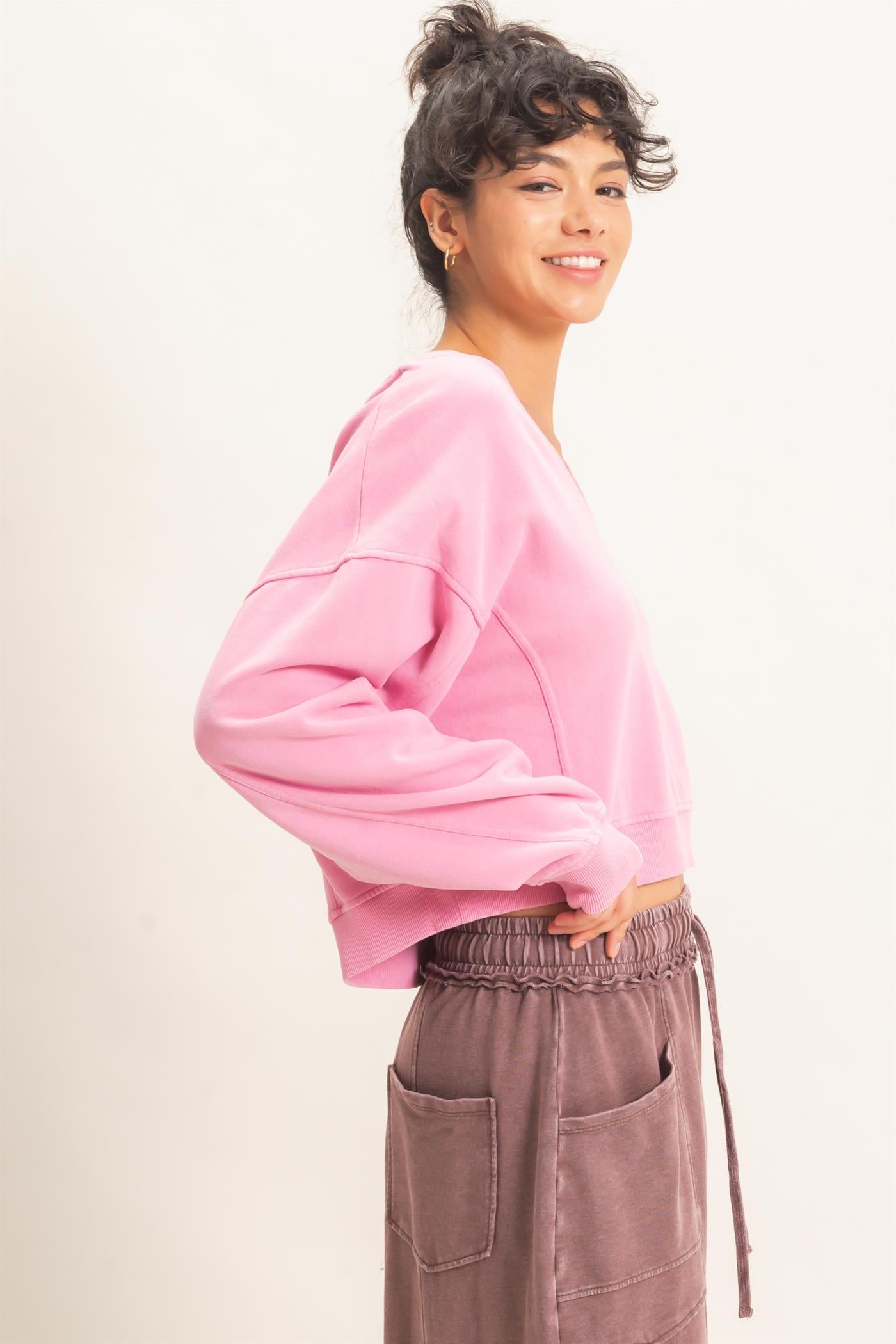 Wholesale Snow Wash V-Neck Sweatshirt Sweatshirts DZ26C844 PINK DOUBLE ZERO