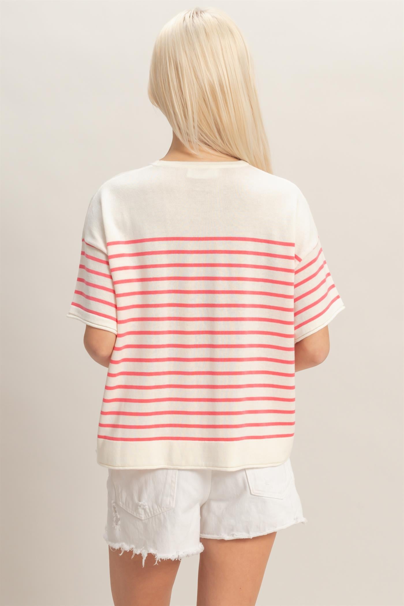 Wholesale Striped Short Sleeve Knit Top Clothing Tops DZ26A838 PINK DOUBLE ZERO