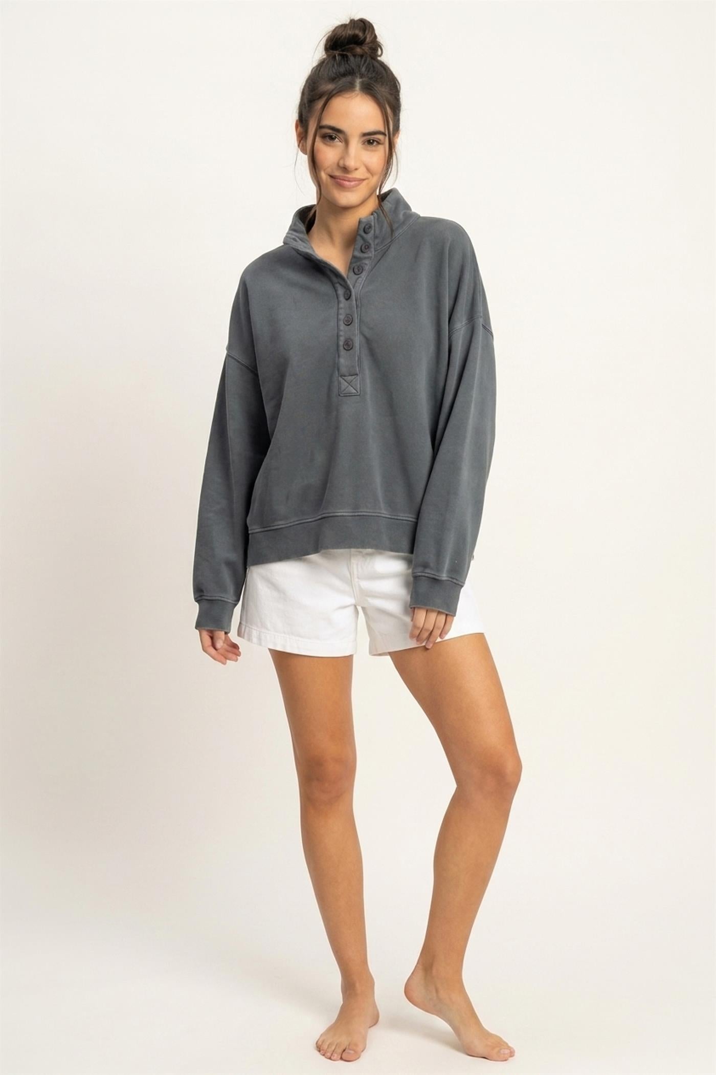 Wholesale Mineral Wash Button Front Sweatshirt Sweatshirts DZ26C909 DARK GRAY DOUBLE ZERO