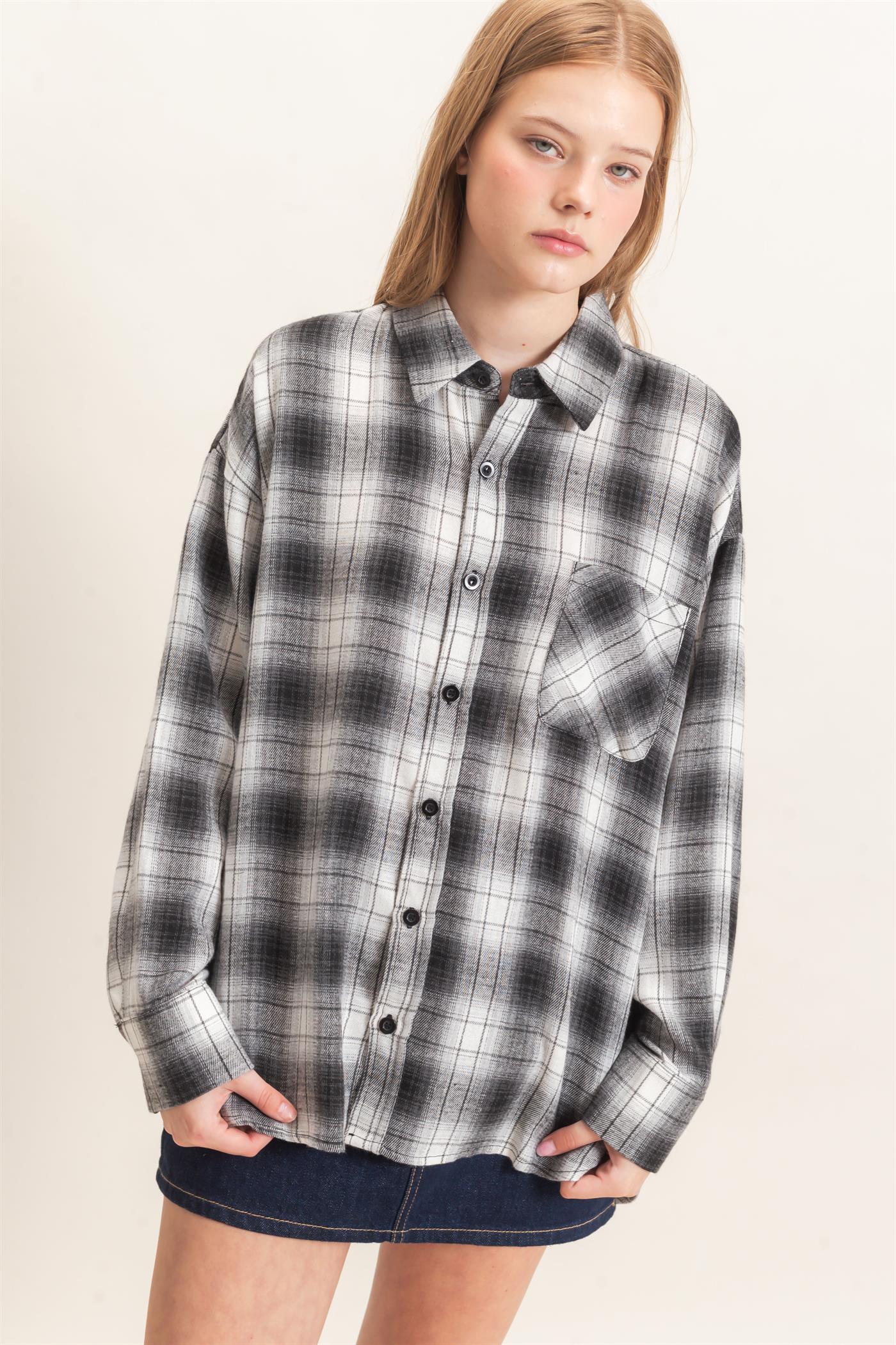 Wholesale Plaid Button-Up Shirt Clothing Tops HF26F017 BLACK HYFVE