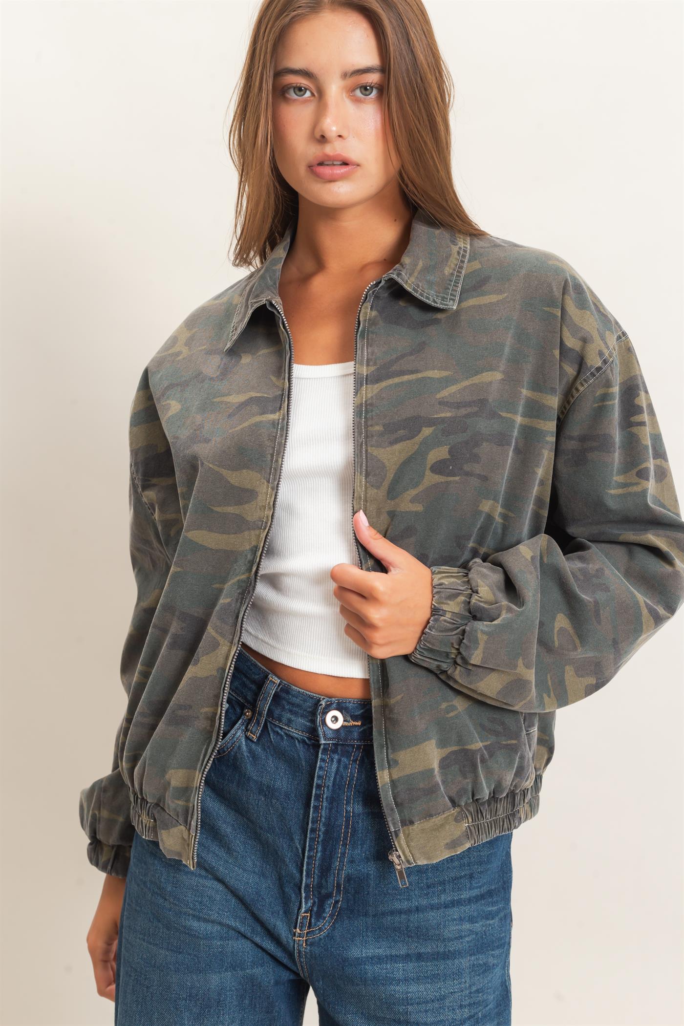 Wholesale Camouflage Zip-Up Jacket Coats & Jackets DZ26E398 DARK GREEN DOUBLE ZERO