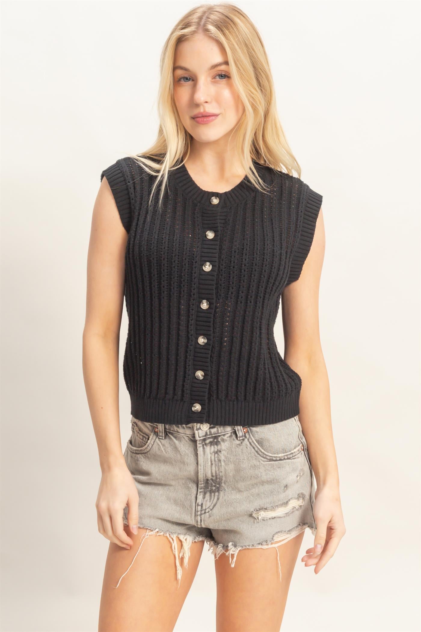 Wholesale Sleeveless Ribbed Button Top Sweaters HF26A356 BLACK HYFVE