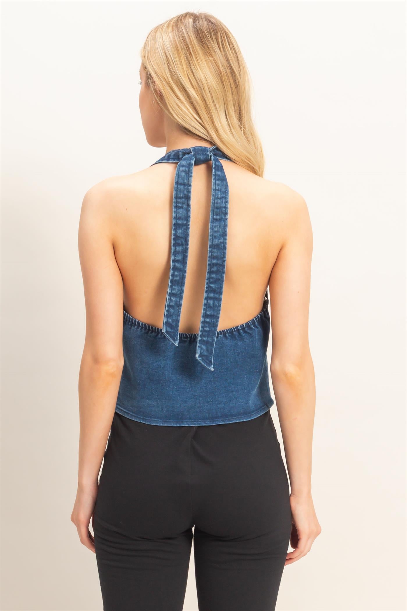 Wholesale Denim Halter Wrap Top Clothing Tops HF26C565 MEDIUM BLUE HYFVE