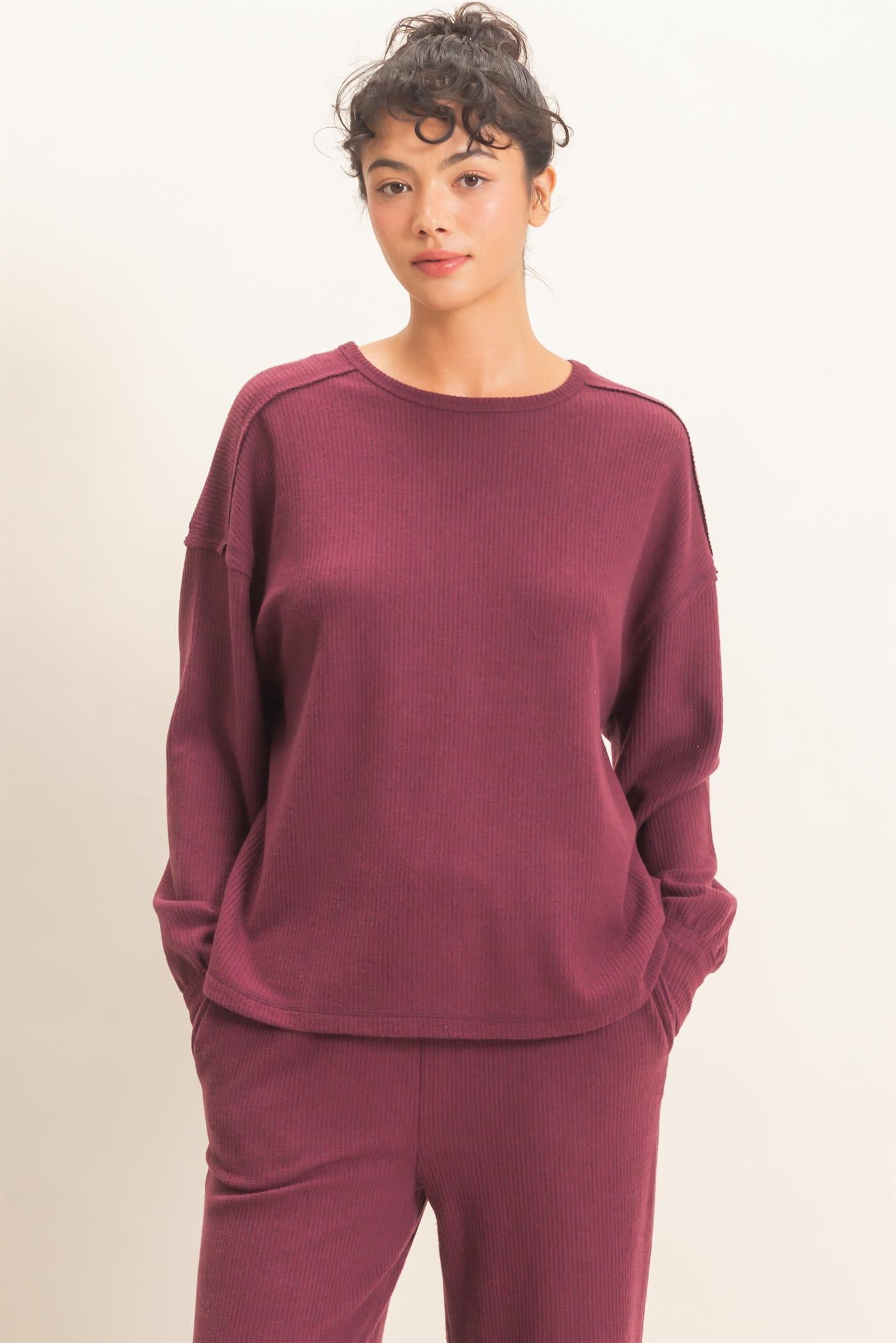 Wholesale Raw Edge Waffle Sweatshirt Sweatshirts DZ26F081 DARK CHERRY HYFVE