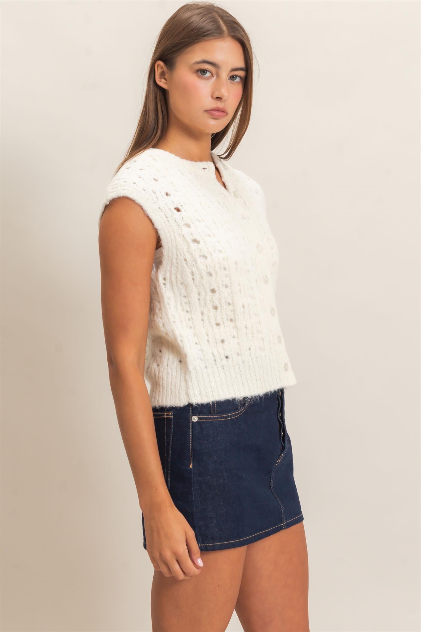 Wholesale Open Knit Sleeveless Button Front Sweater Vest Sweaters DZ26A829 CREAM DOUBLE ZERO