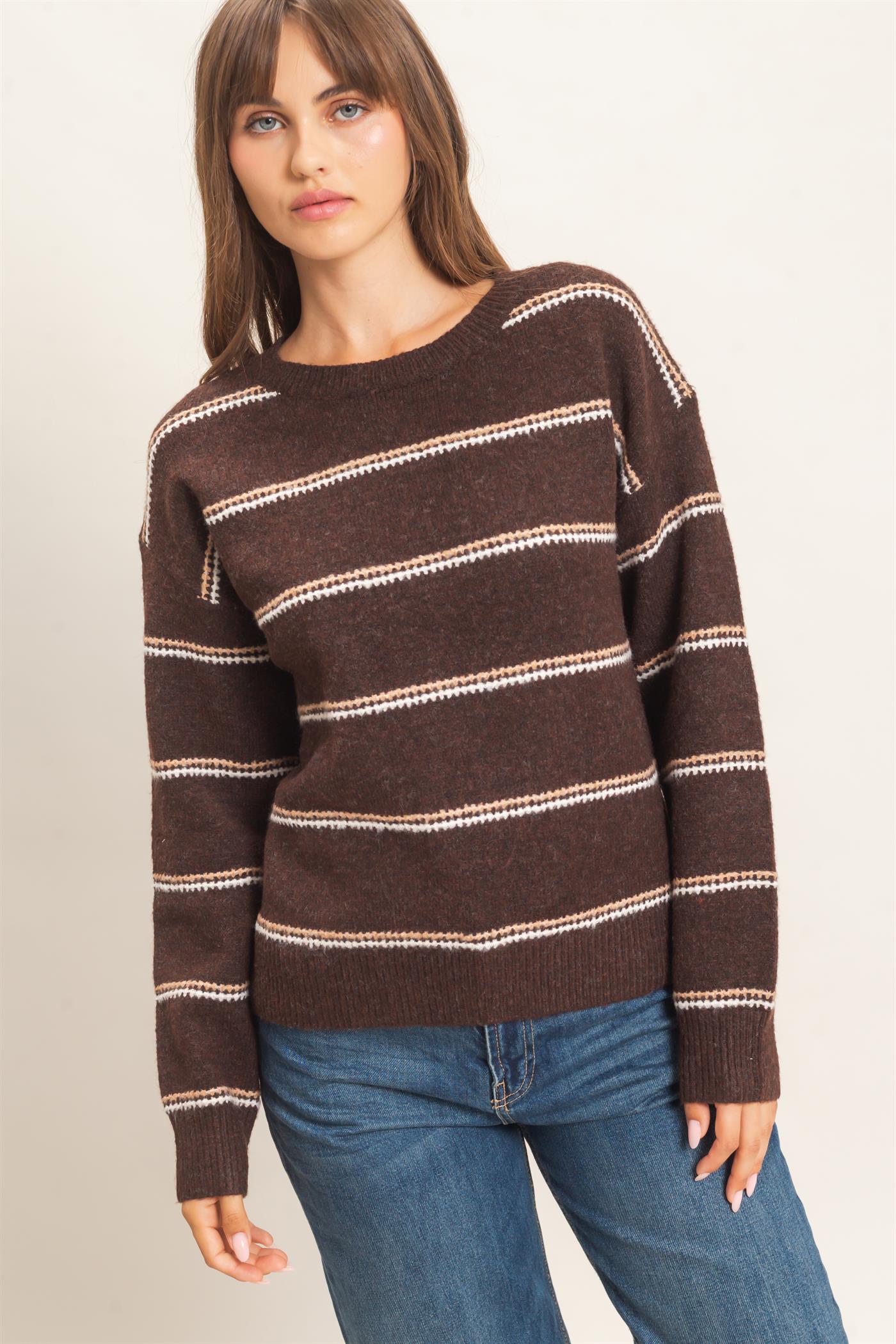 Wholesale Striped Crew Neck Sweater Sweaters HF26E696-D BROWN HYFVE