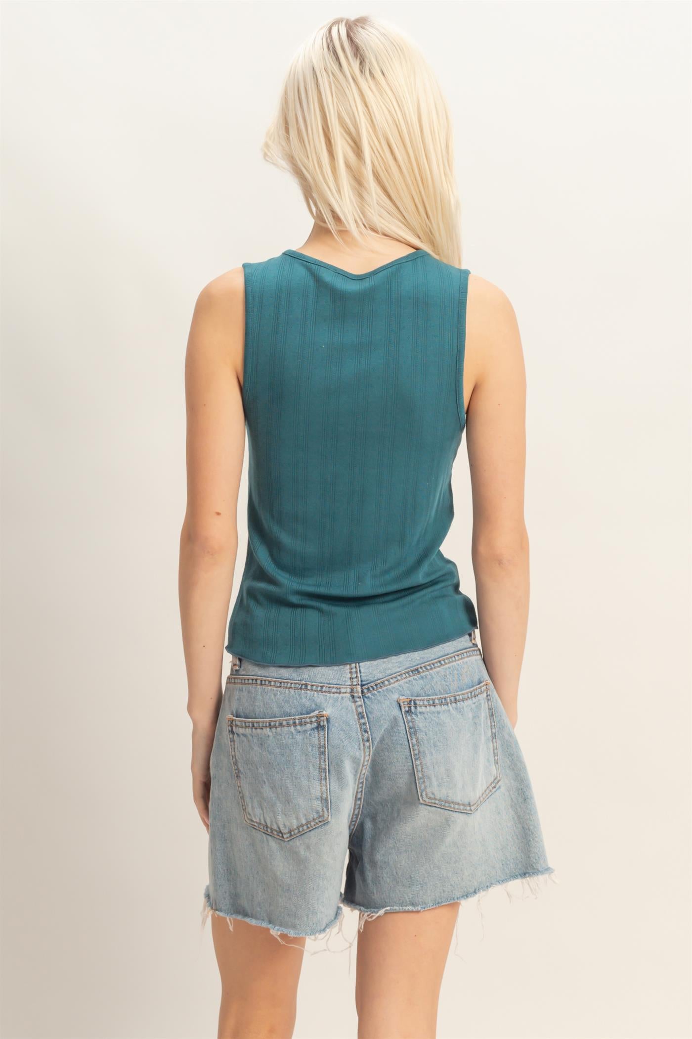 Wholesale Sleeveless Pointelle Button Front Top Clothing Tops DZ26A759 DARK TEAL DOUBLE ZERO