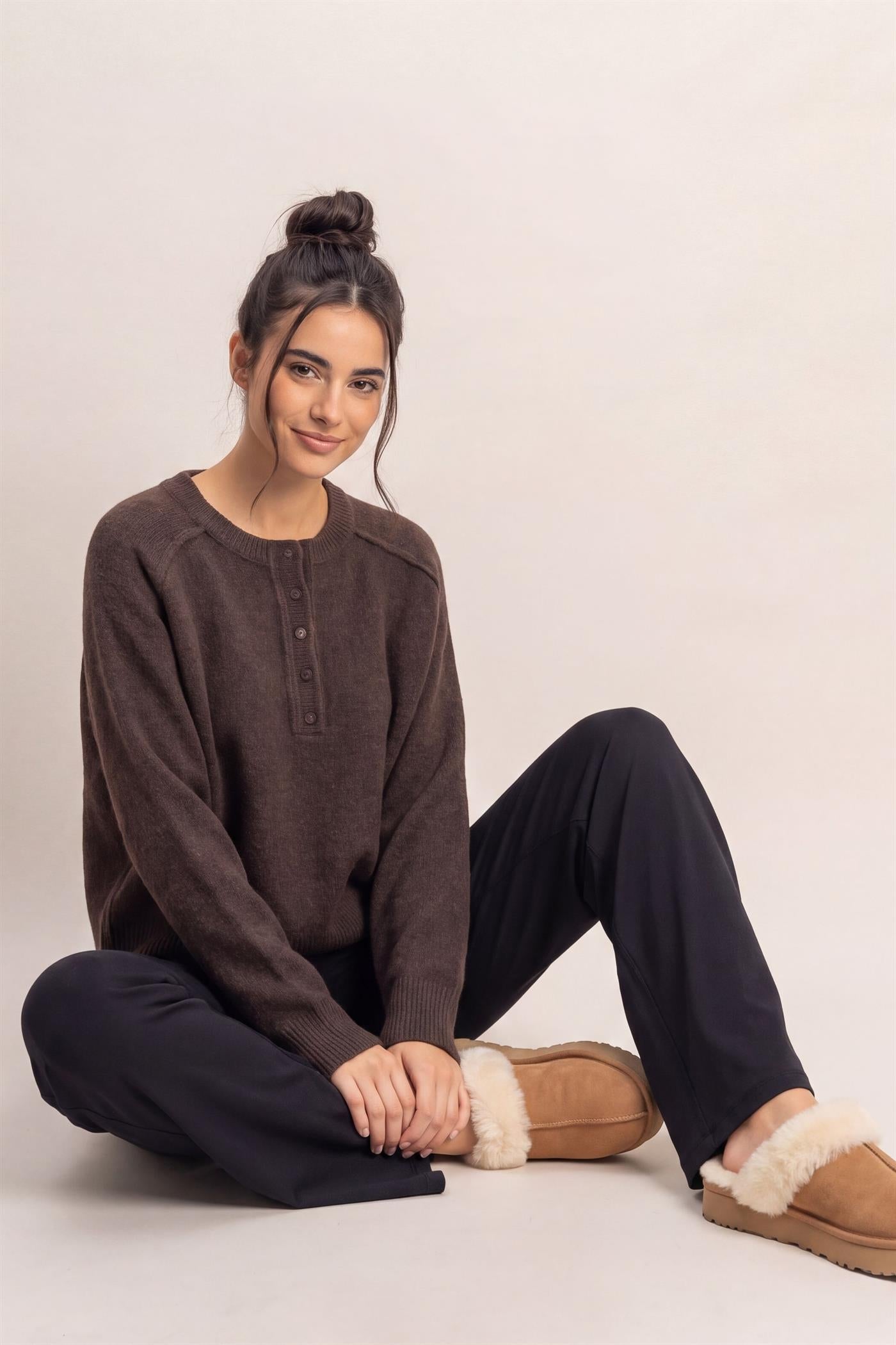 Wholesale Henley Sweater With Reverse Seams Sweaters DZ26F004 DARK BROWN DOUBLE ZERO