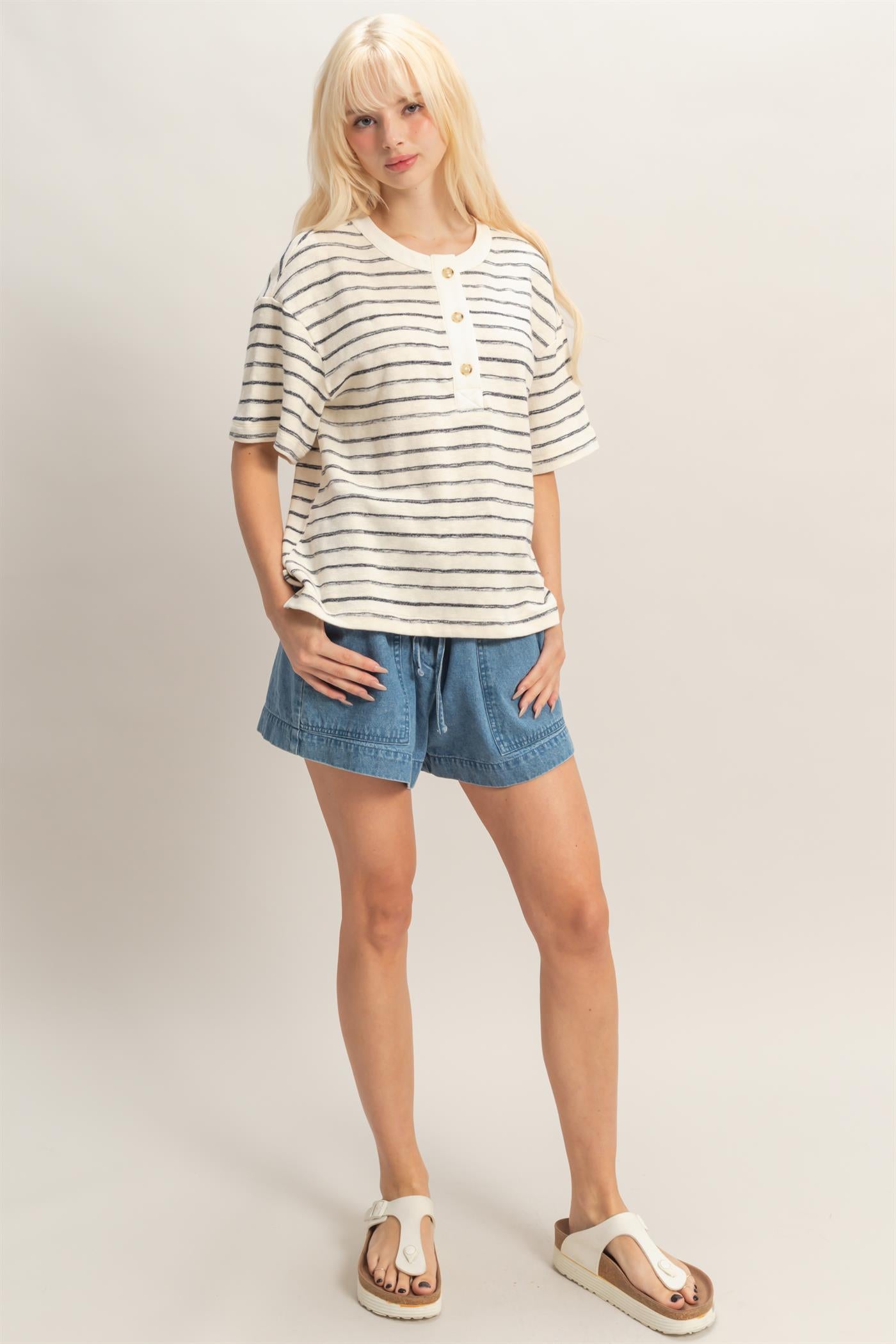 Wholesale Striped Short Sleeve Henley Top Clothing Tops DZ26A653 BLACK DOUBLE ZERO