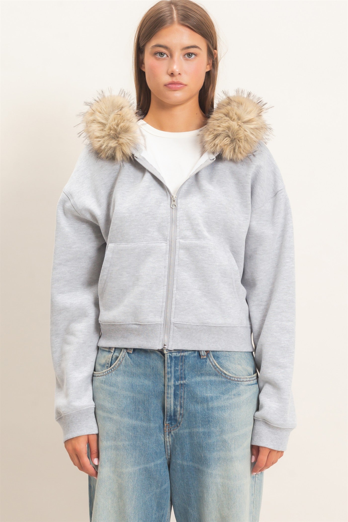 Wholesale Detachable Fur Zip Up Hoodie Hoodies DZ26F396 HEATHER GRAY DOUBLE ZERO