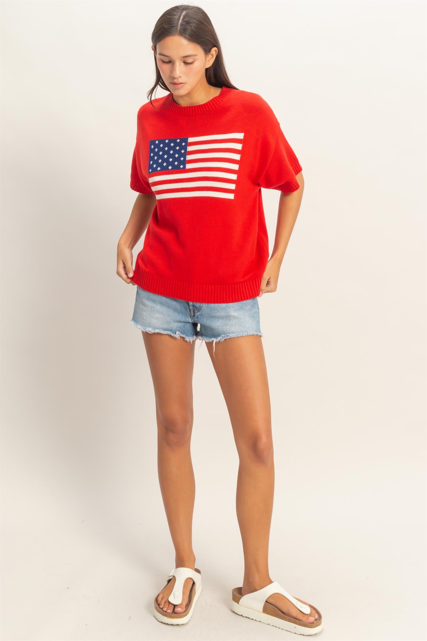 Wholesale American Flag Knit Top Shirts DZ26A309 RED DOUBLE ZERO