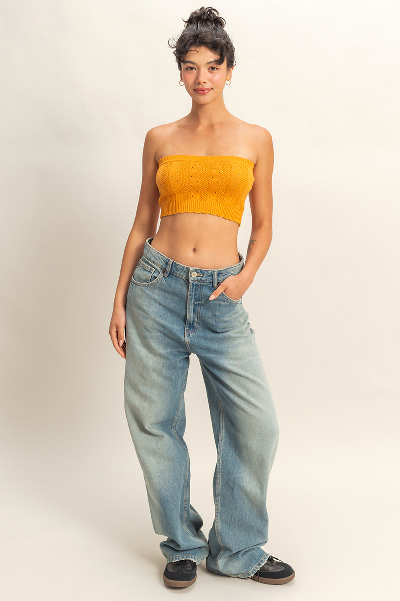 Wholesale Strapless Pointelle Crop Top Clothing Tops DZ23A821 CARAMEL DOUBLE ZERO