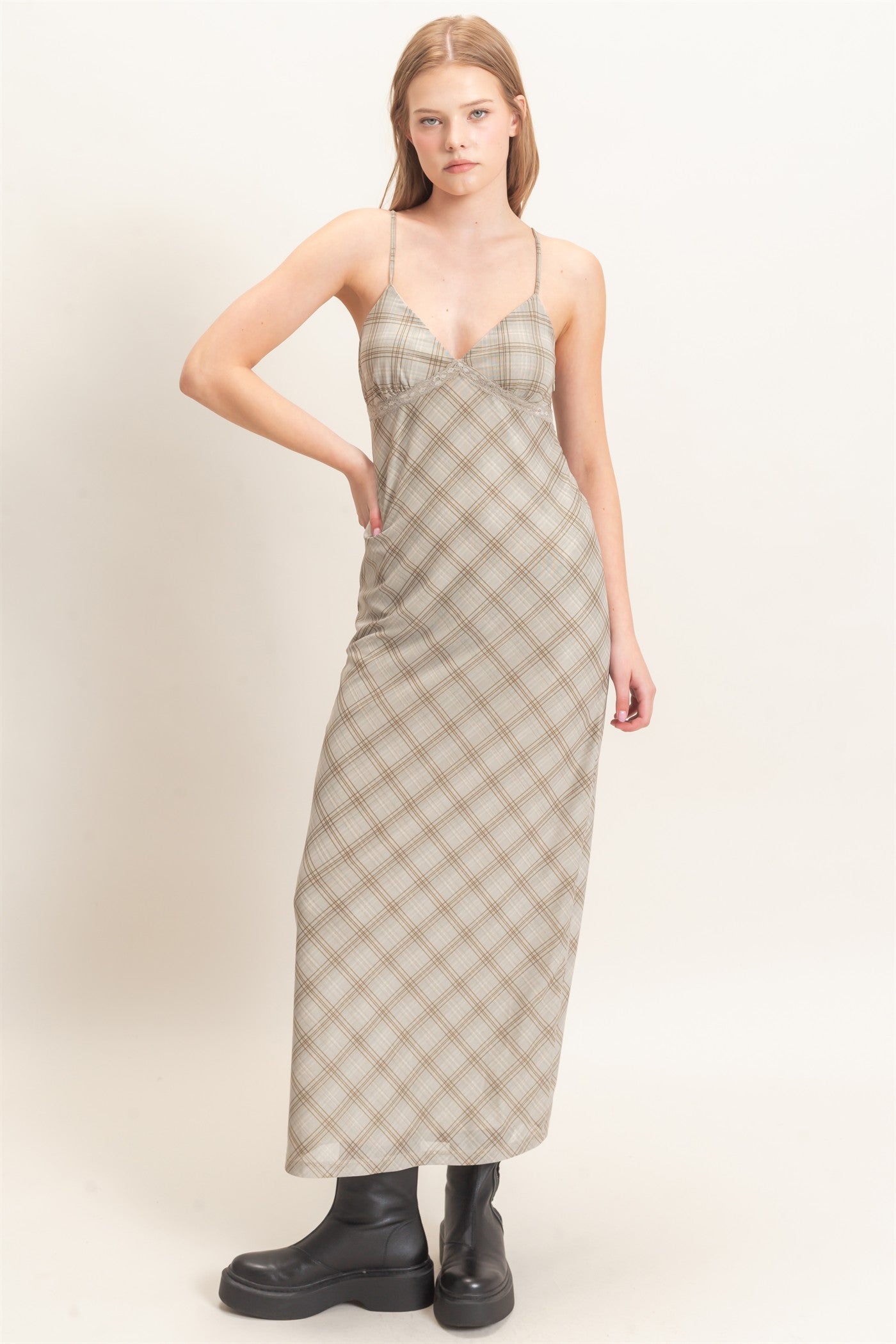 Wholesale Plaid Spaghetti Strap Midi Dress Dresses HF26E709 SAGE HYFVE