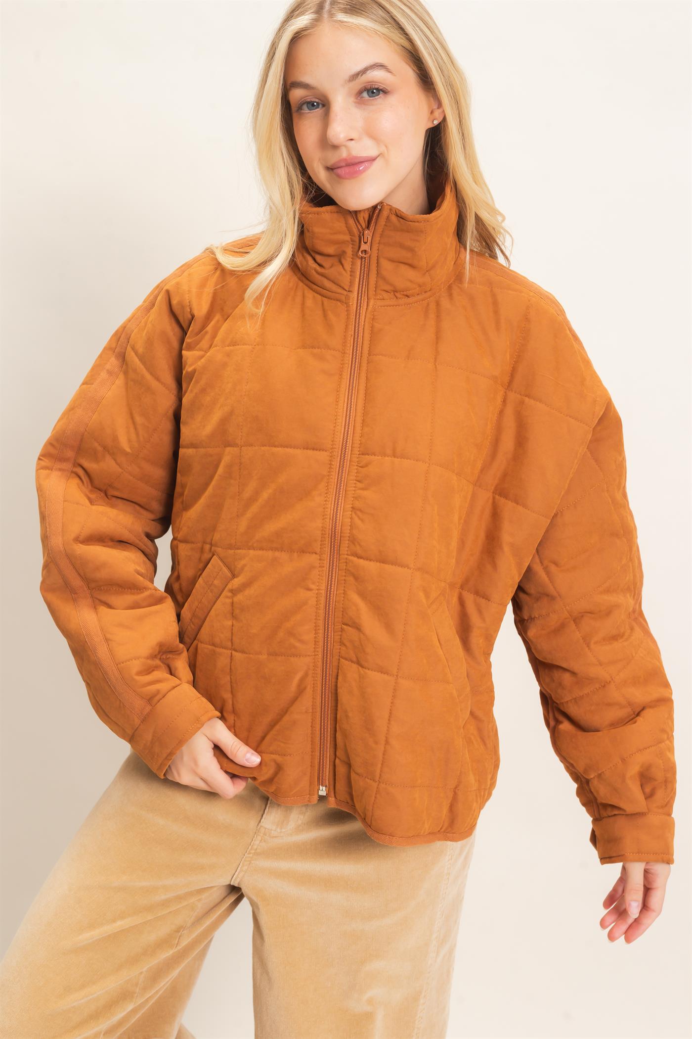Wholesale Quilted High Collar Jacket Coats & Jackets HF26F167-D CAMEL HYFVE