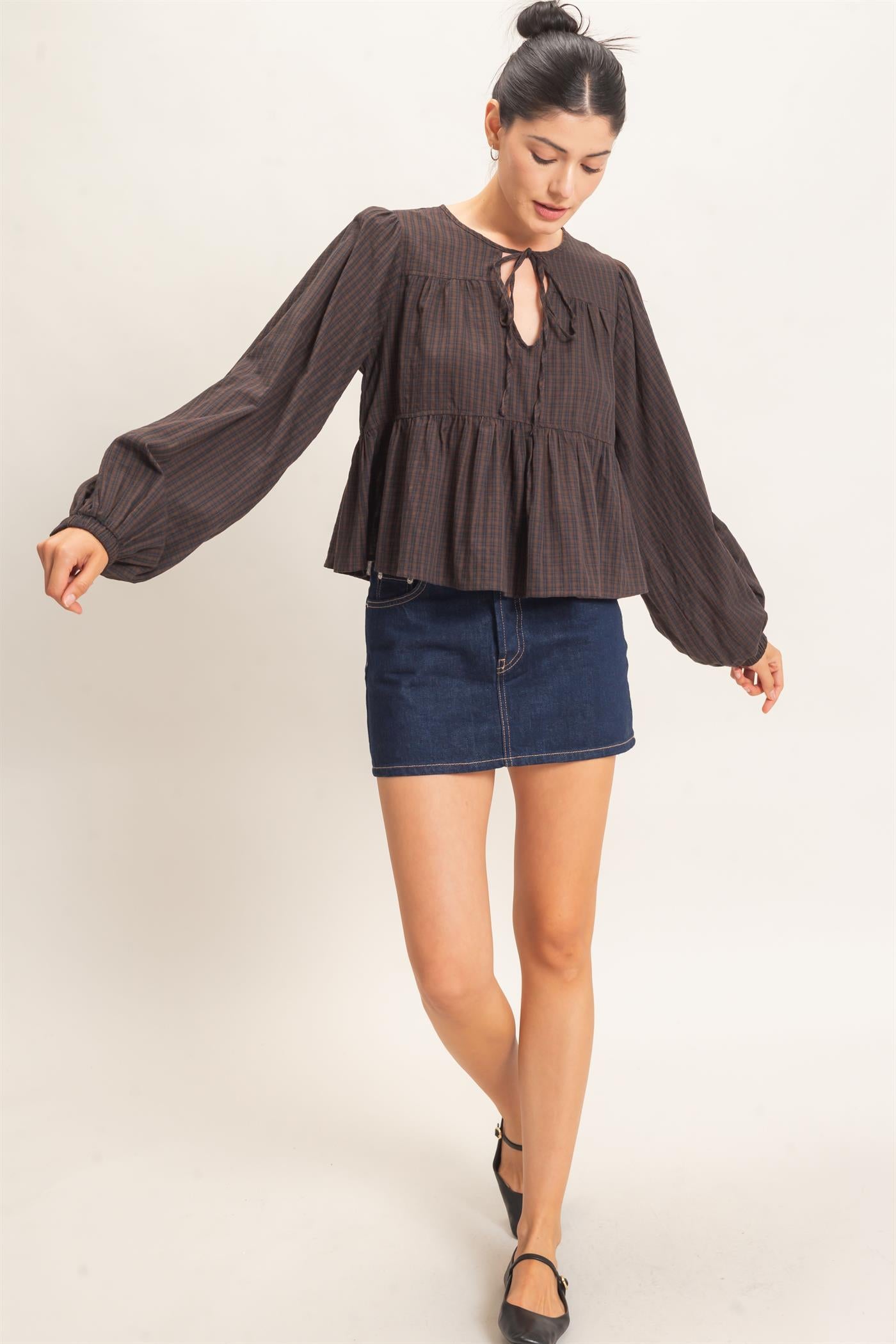 Wholesale Checkered Tie Neck Top Clothing Tops HF26E732 BROWN HYFVE