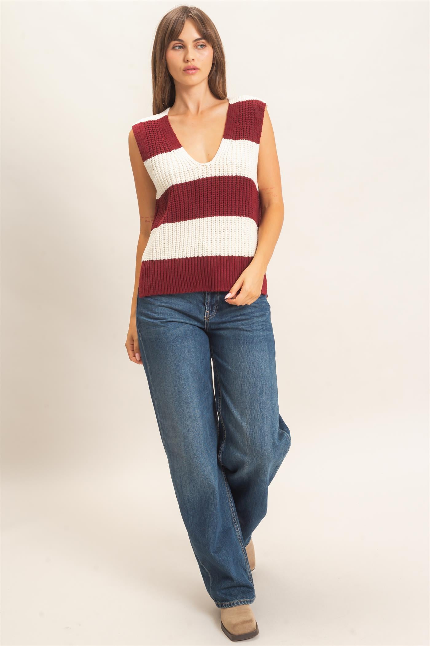 Wholesale V-Neck Striped Sweater Vest Sweaters HF26E482-D BURGUNDY HYFVE