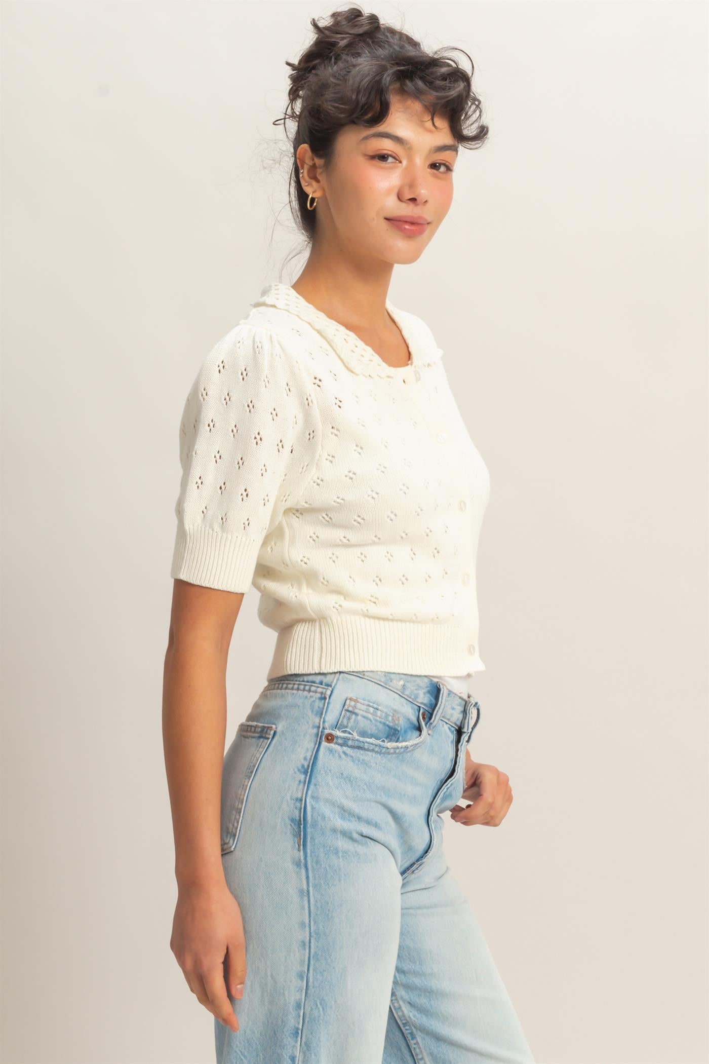 Wholesale Pointelle Collar Button-Up Puff Sleeve Knit Top Clothing Tops DZ26A748 WHIP CREAM HYFVE