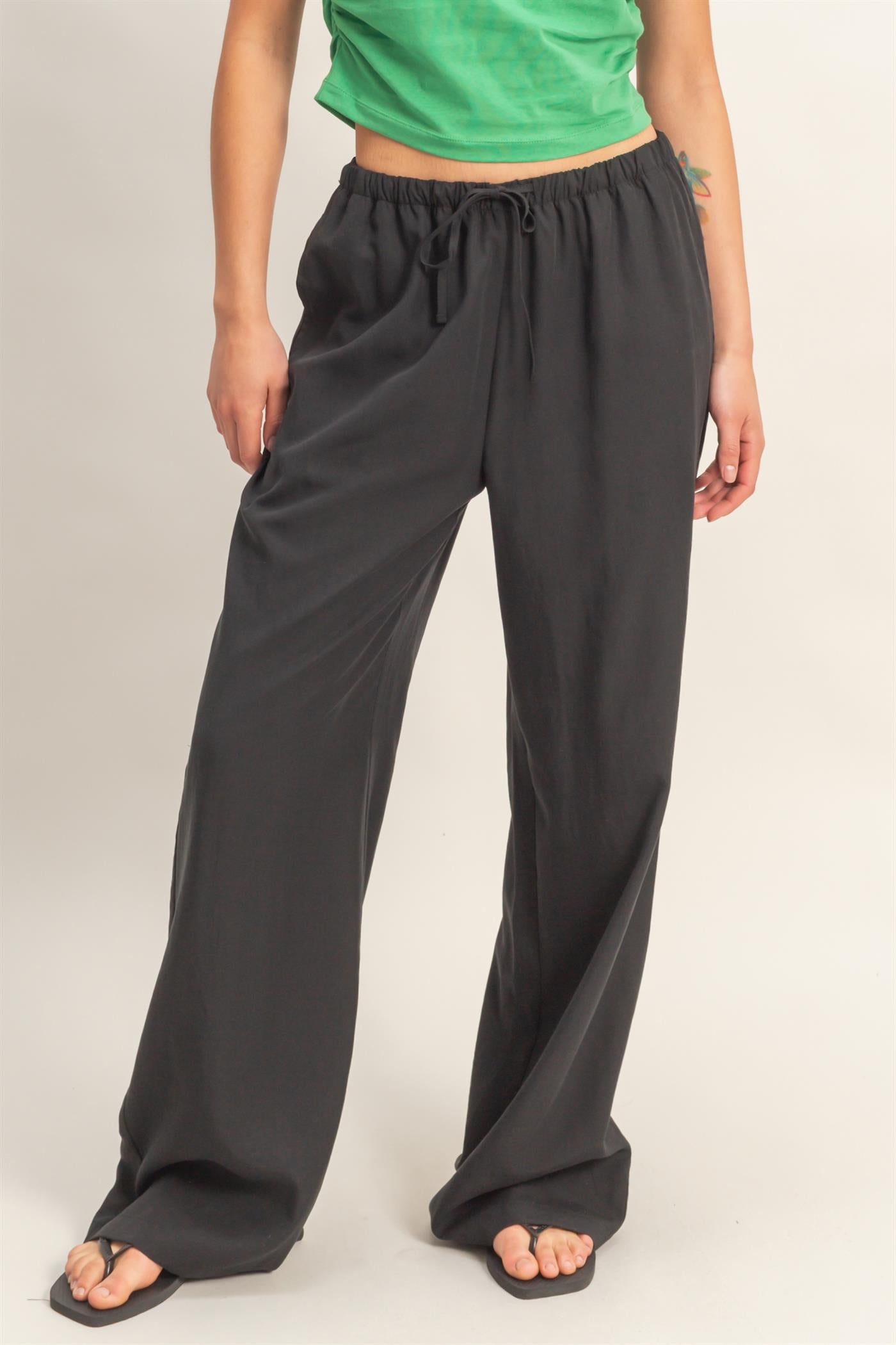 Wholesale Lyocell Linen Elastic Waist Straight Leg Pants Pants DZ26A979 BLACK DOUBLE ZERO