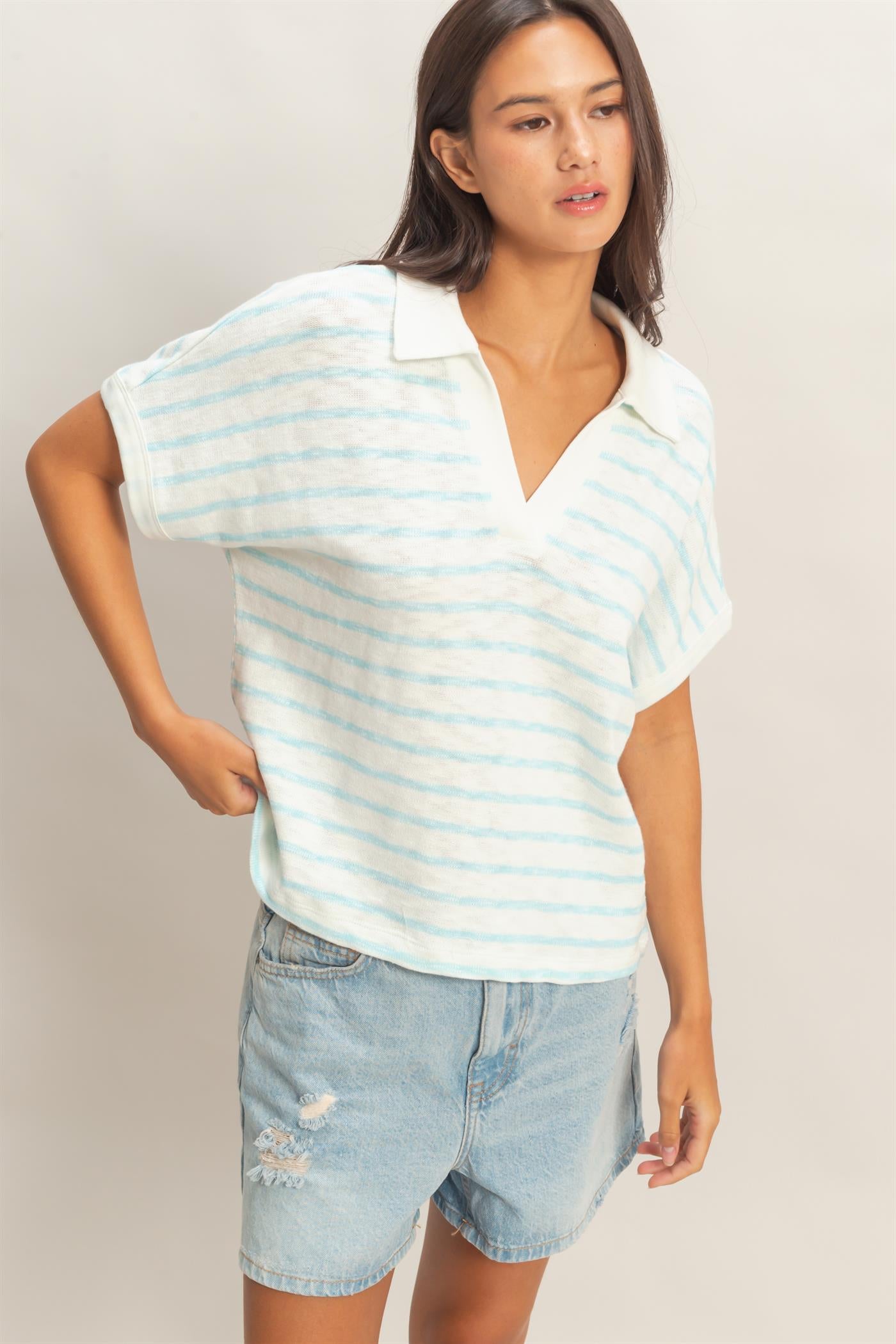 Wholesale Striped Dolman Sleeve V-Neck Collared Top Clothing Tops DZ26A452 BLUE DOUBLE ZERO