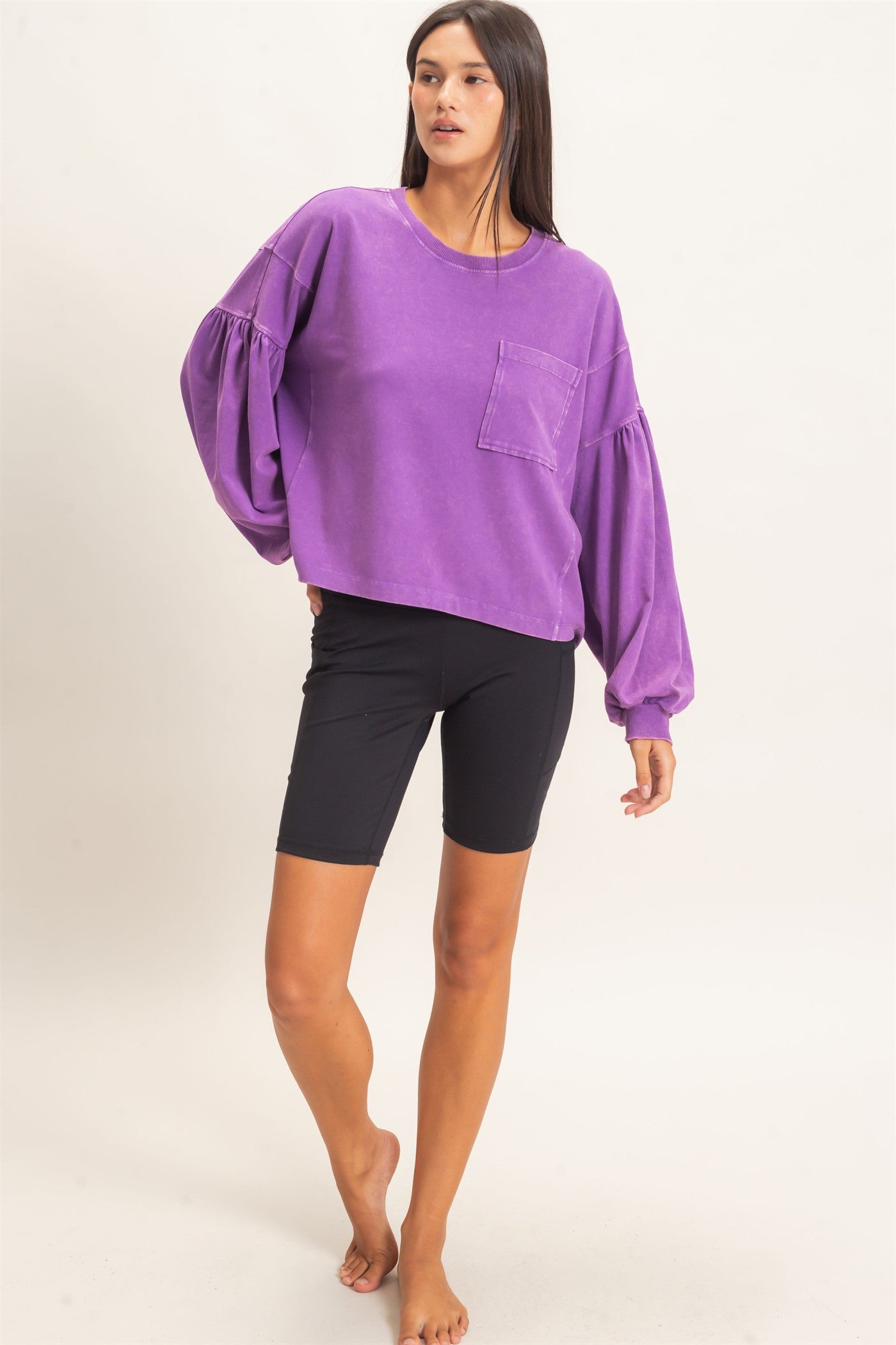Wholesale Mineral Wash Puff Long Sleeve Boxy Top Clothing Tops DZ26F402 PLUM DOUBLE ZERO