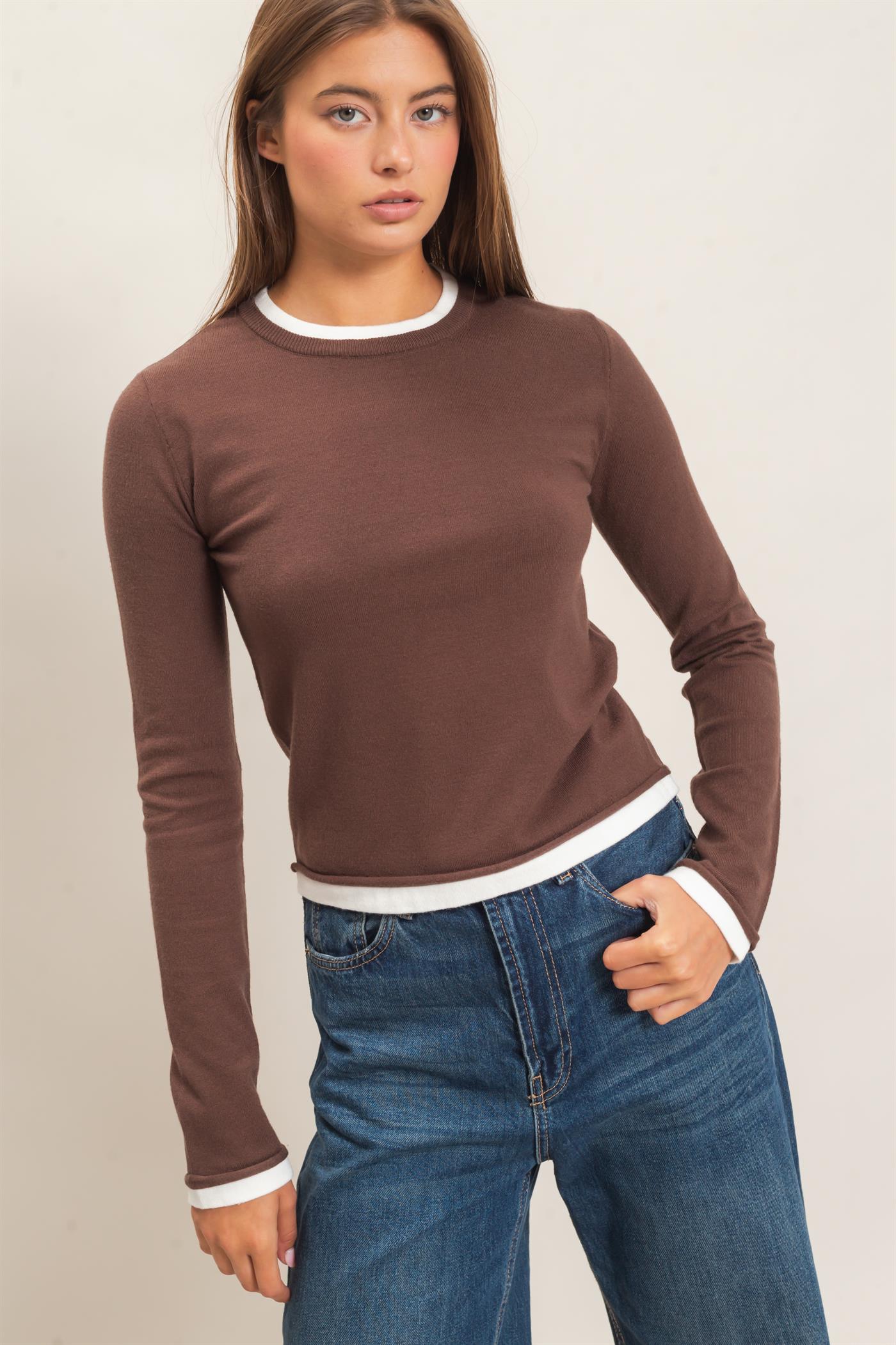 Wholesale Layer Effect Long Sleeve Knit Top Clothing Tops DZ26F394 DARK BROWN DOUBLE ZERO