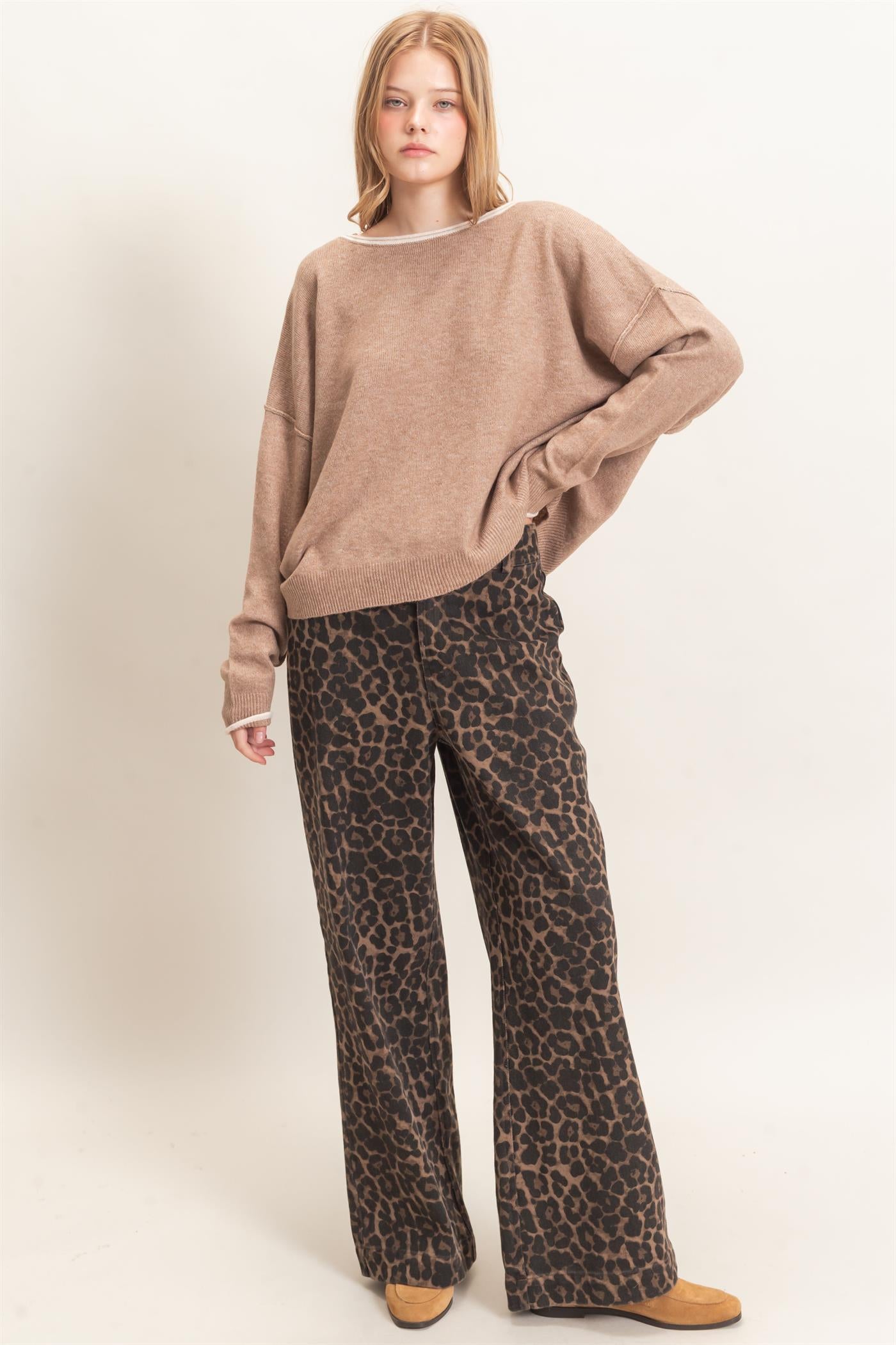 Wholesale Leopard Print Wide-Leg Pants Pants HF26F161 BROWN HYFVE