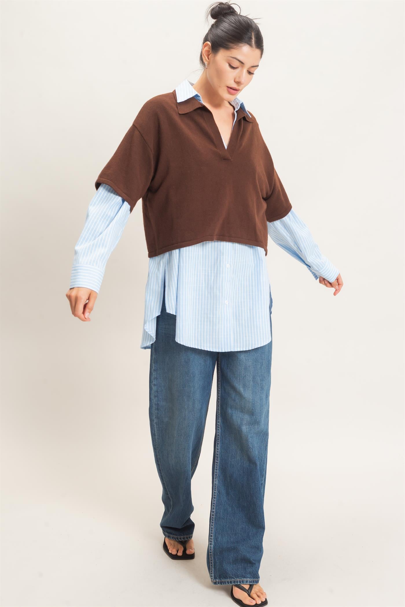 Wholesale Collared V-Neck Sweater Sweaters HF26E038 DARK BROWN HYFVE