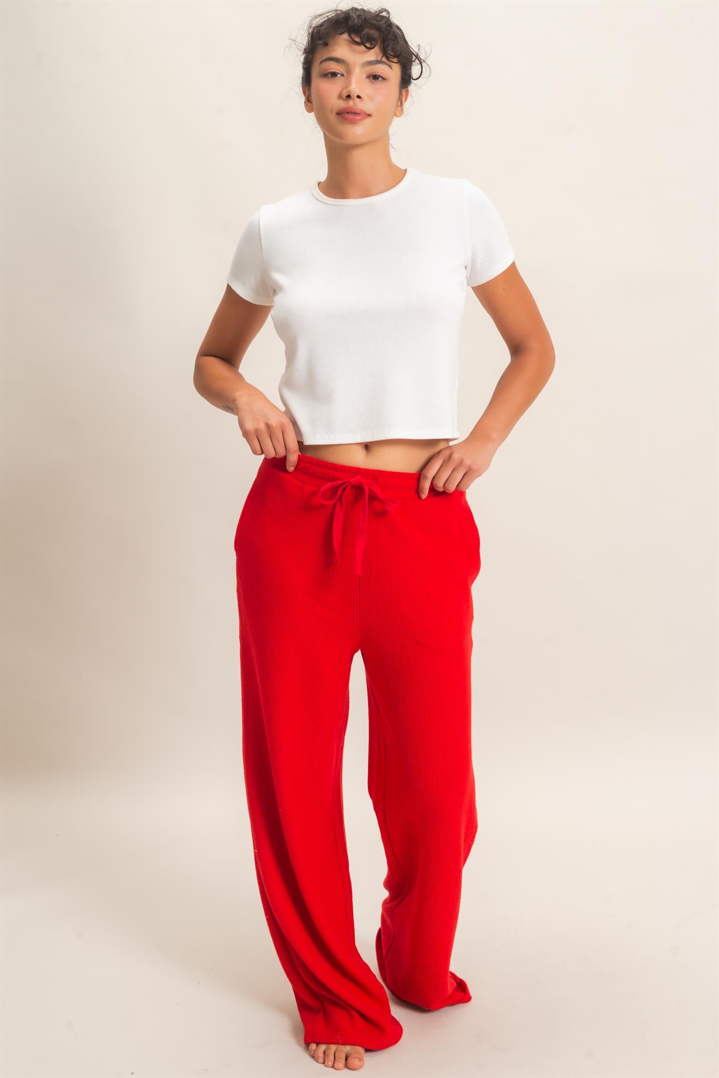 Wholesale Brushed Waffle Drawstring Pants Pants DZ26F313 RED DOUBLE ZERO