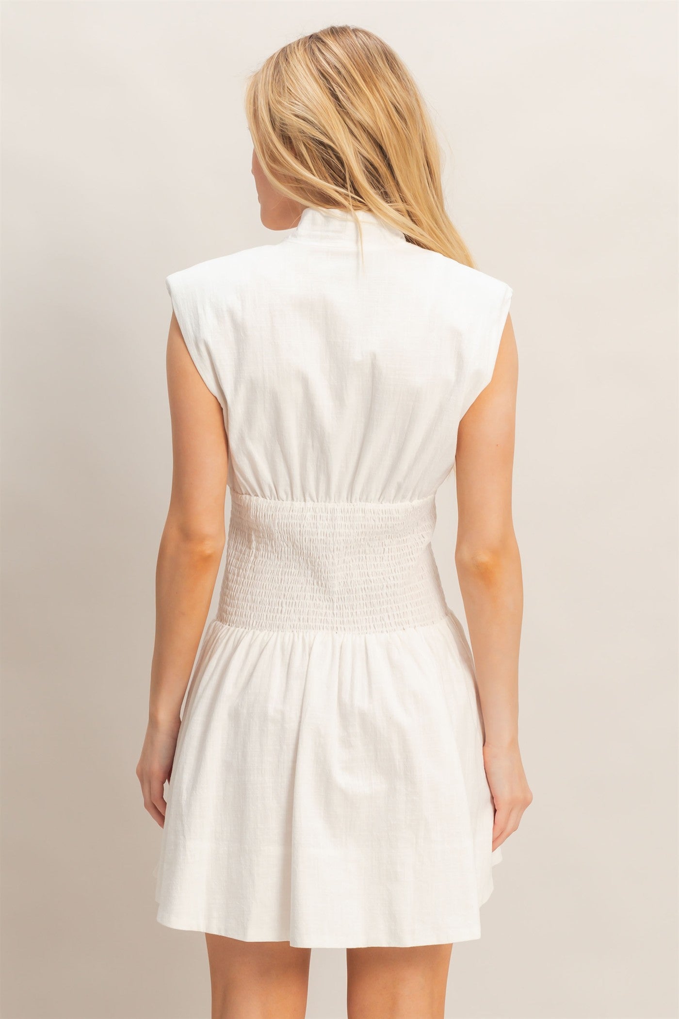 Wholesale Zip Front Shirred Waist Dress Dresses HF26A112 OFF WHITE HYFVE