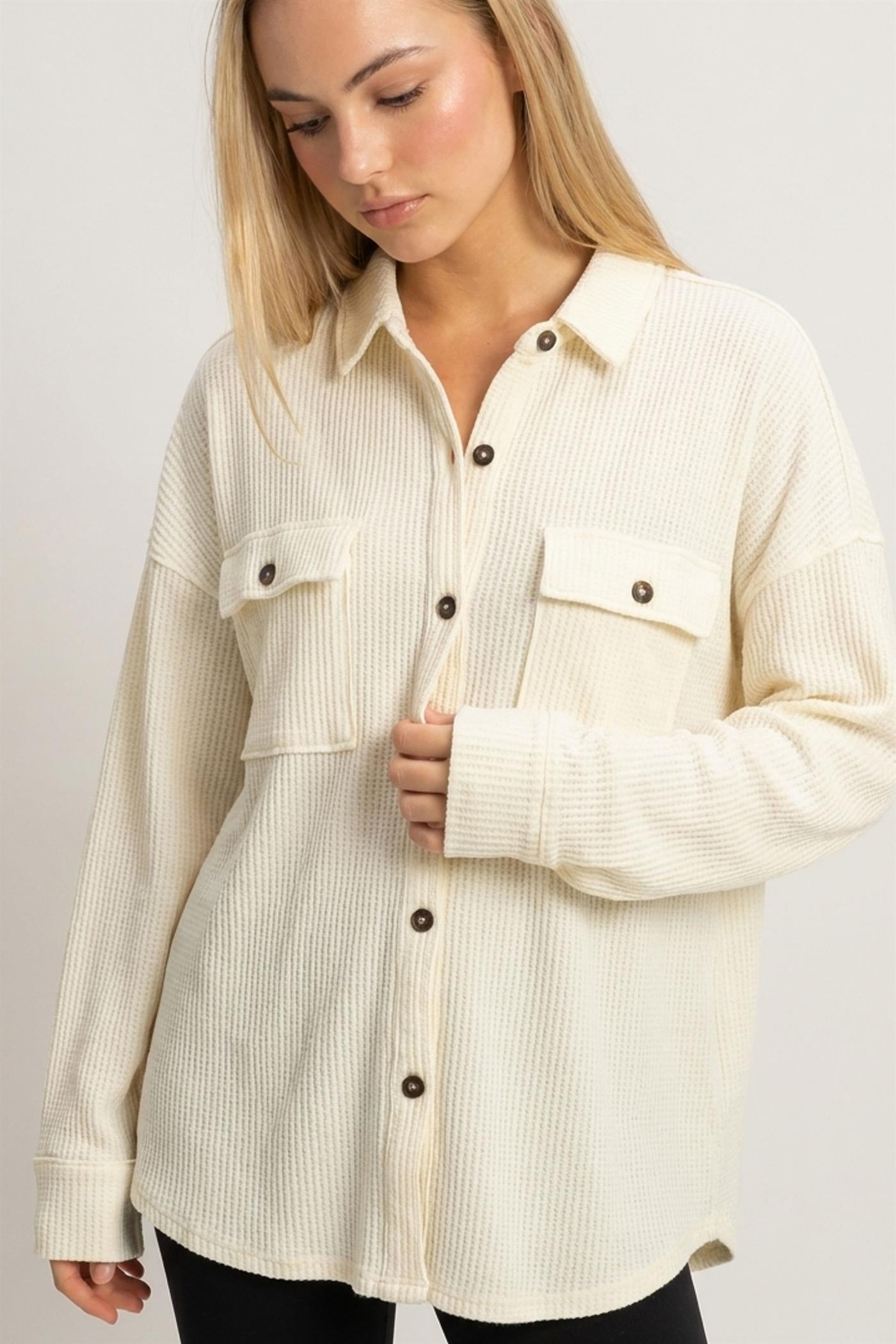 Wholesale Mineral Wash Waffle Knit Button-Up Shacket Coats & Jackets DZ26E249 CREAM DOUBLE ZERO