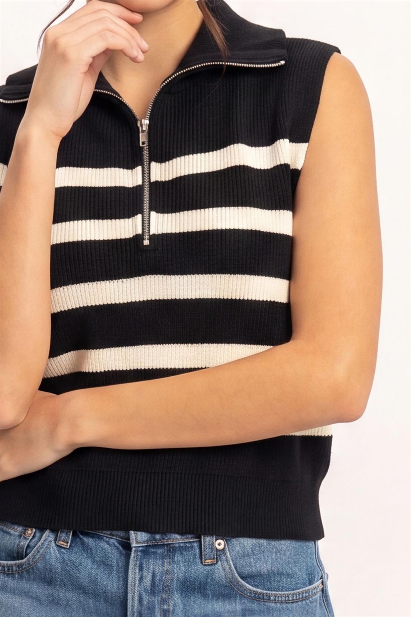 Wholesale Half-Zip Sleeveless Stripe Sweater Sweaters DZ26E951 BLACK DOUBLE ZERO