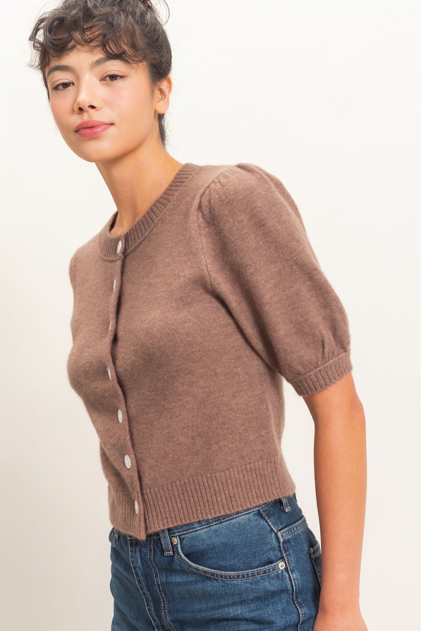 Wholesale Button Front Puff Short Sleeve Cardigan Cardigans DZ26C960 ASH BROWN DOUBLE ZERO