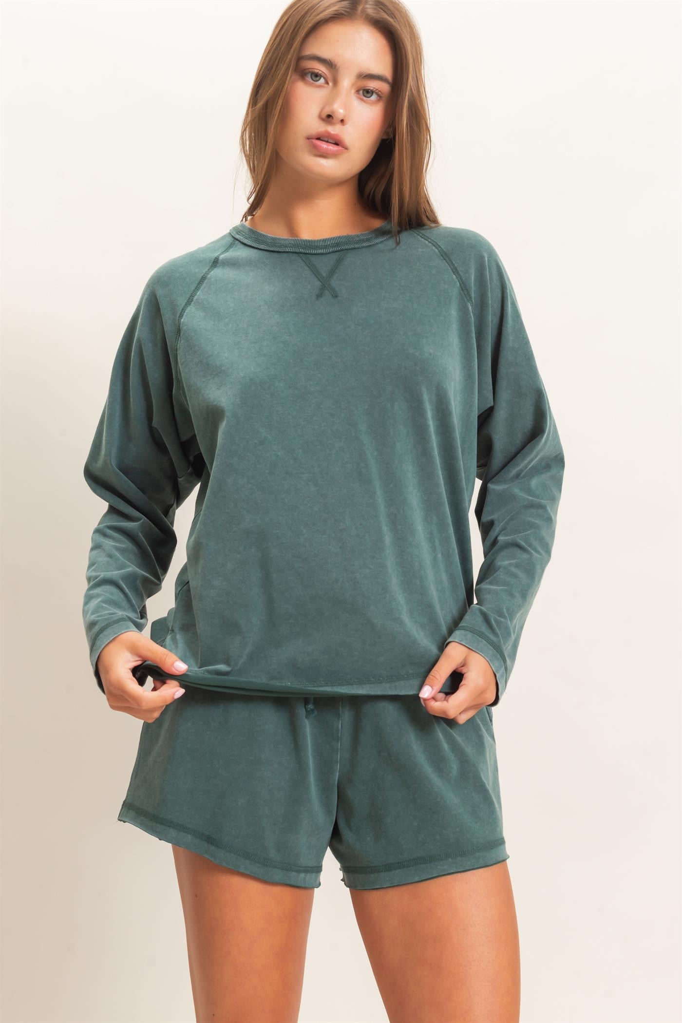 Wholesale Mineral Wash Long Sleeve Raw Edge Top & Shorts Set Clothing DZ26F403-SET DARK GREEN DOUBLE ZERO
