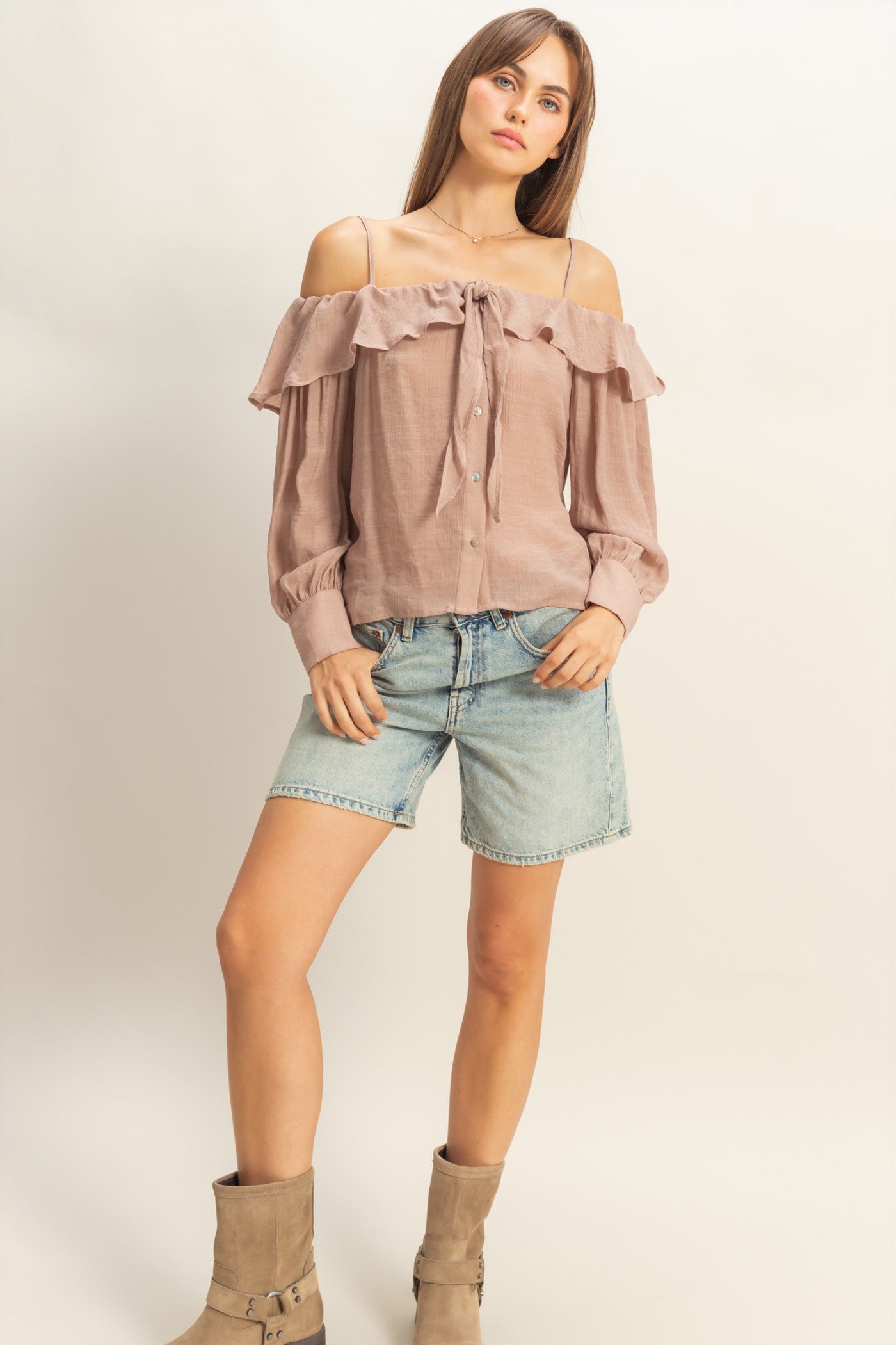Wholesale Cold-Shoulder Ruffled Blouse Clothing Tops HF23C787 TAUPE HYFVE