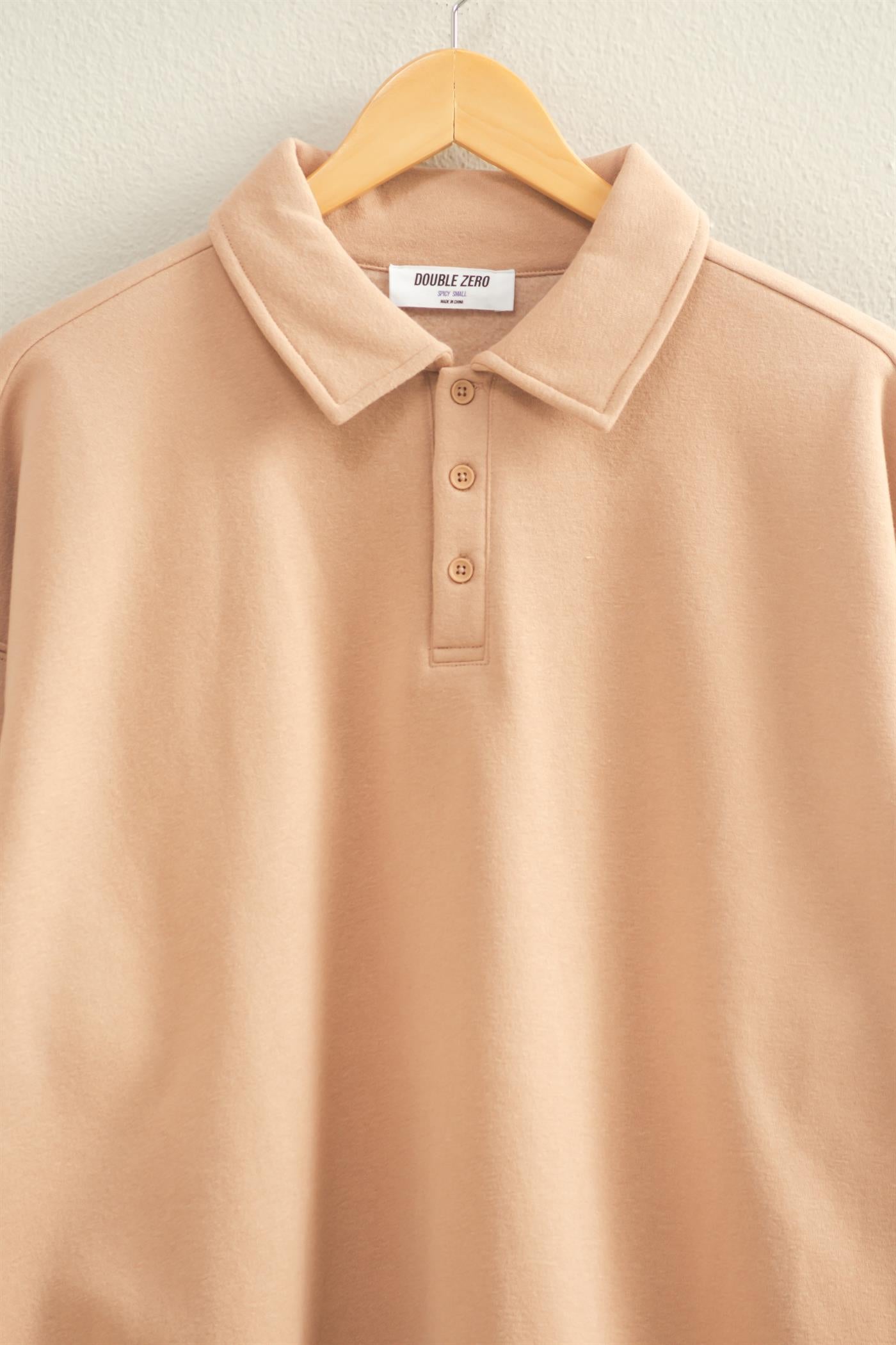 Wholesale Oversized Polo Collared Pullover Sweatshirts DZ25F074 DARK TAUPE DOUBLE ZERO