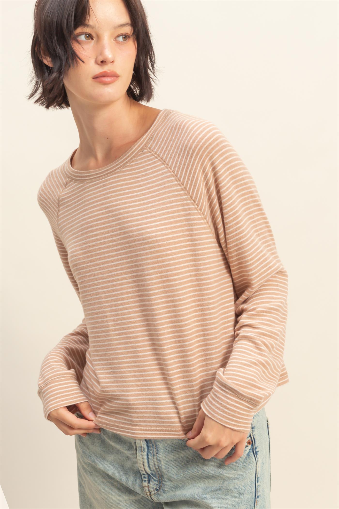 Wholesale Striped Raglan Long Sleeve Top Clothing Tops DZ25E600 DARK TAUPE/CREAM DOUBLE ZERO