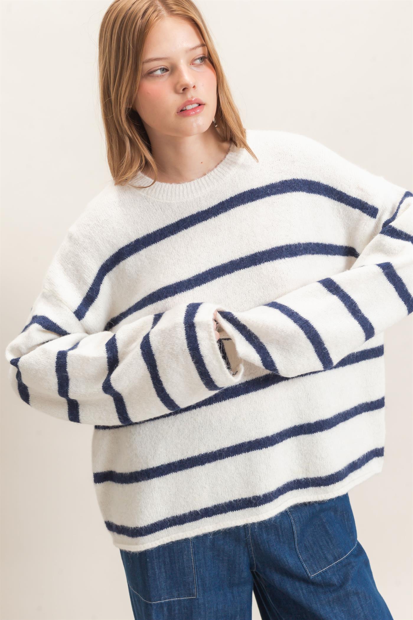 Wholesale Striped Crew Neck Sweater Sweaters HF26E894 NAVY HYFVE