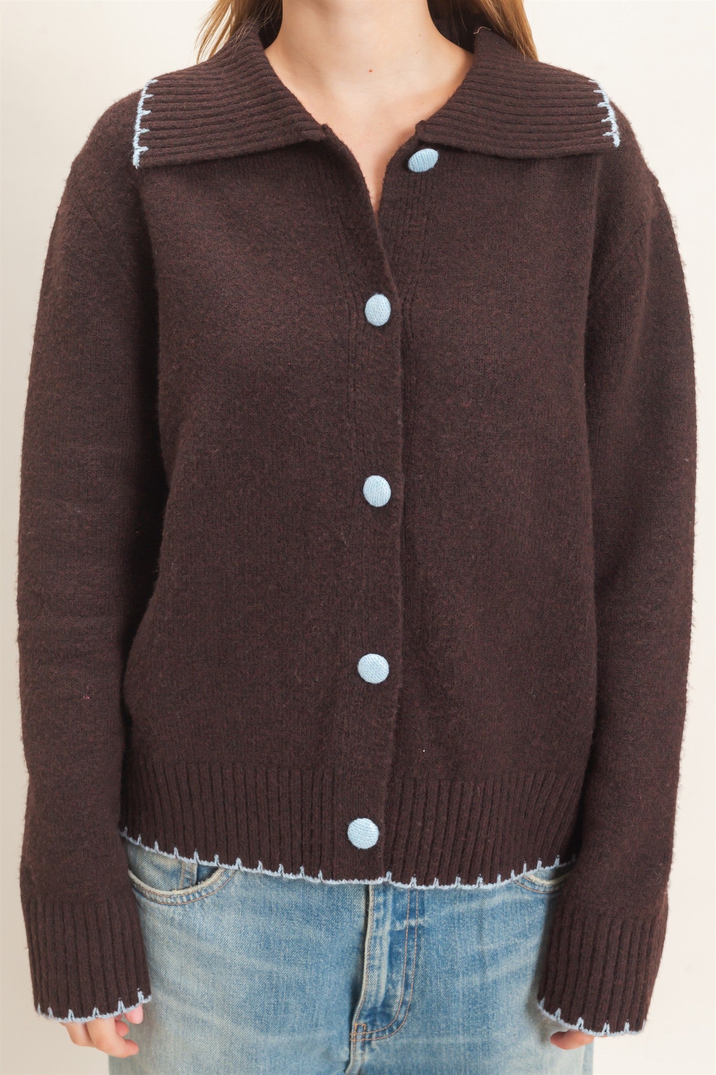 Wholesale Blanket Stitch Collared Cardigan Cardigans HF26F356 CHOCOLATE HYFVE