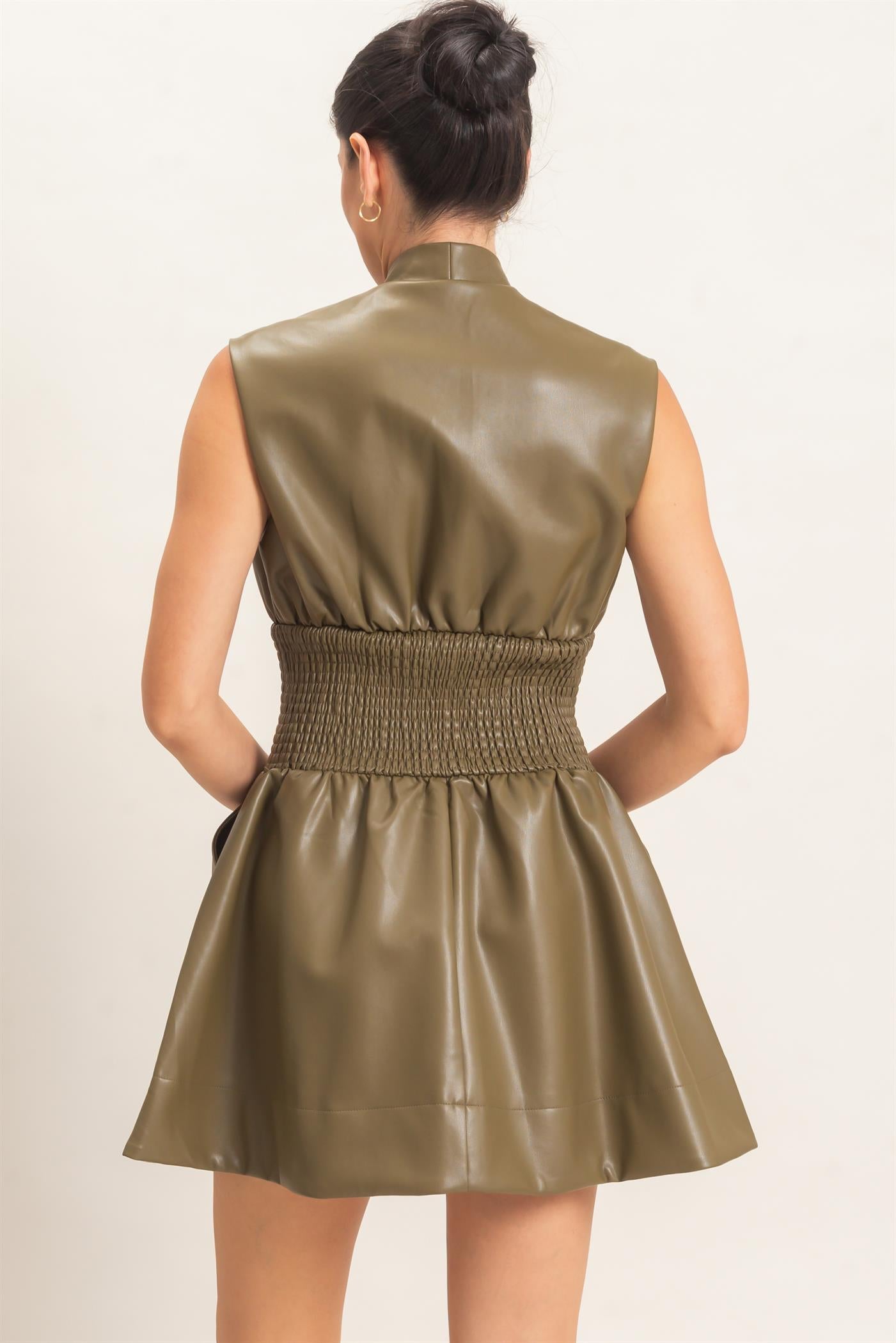Wholesale Faux Leather Zip Front Dress Dresses HF26E364 DARK OLIVE HYFVE