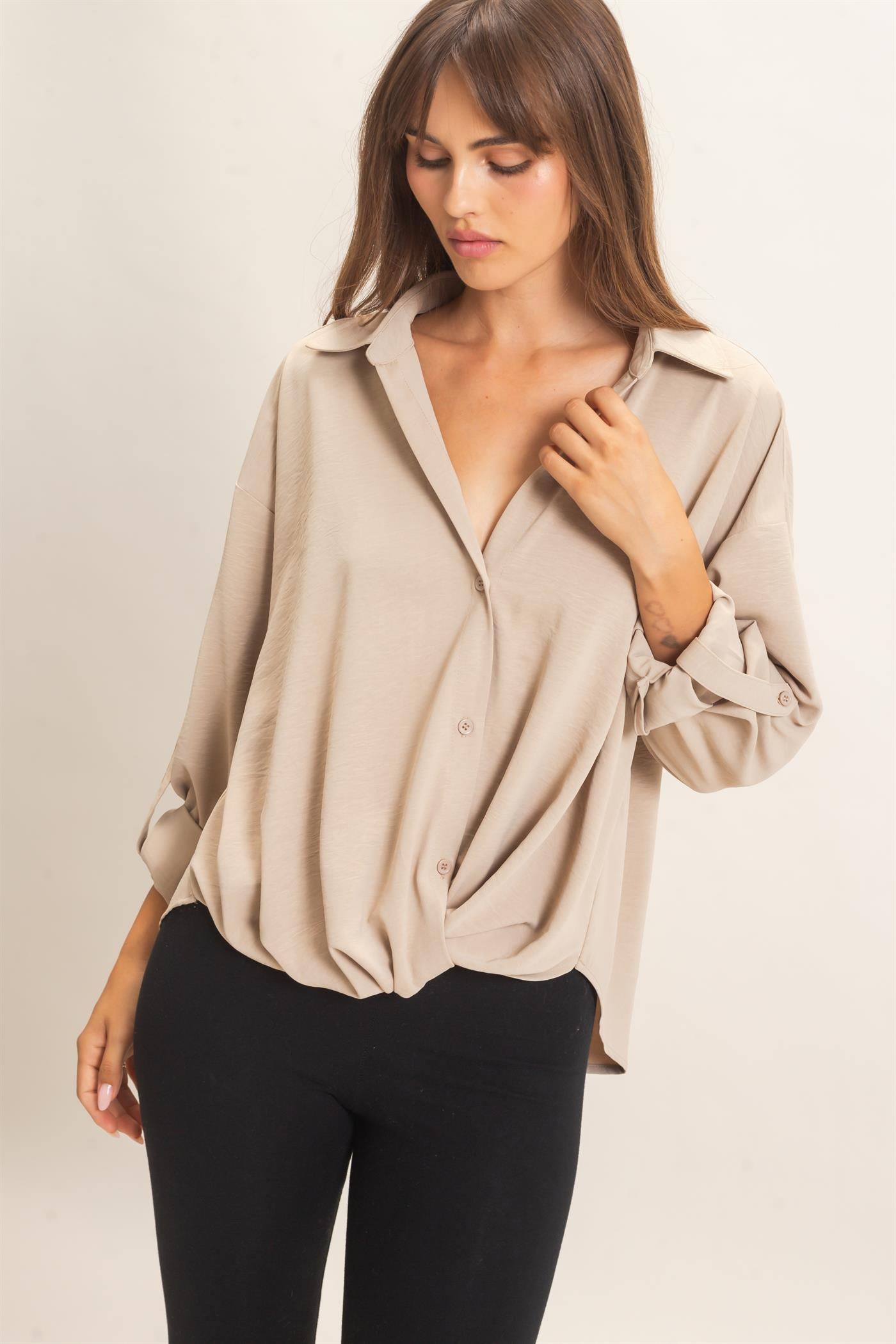 Wholesale Button-Up Dolman Sleeve Top Shirts HF26F070 BEIGE HYFVE