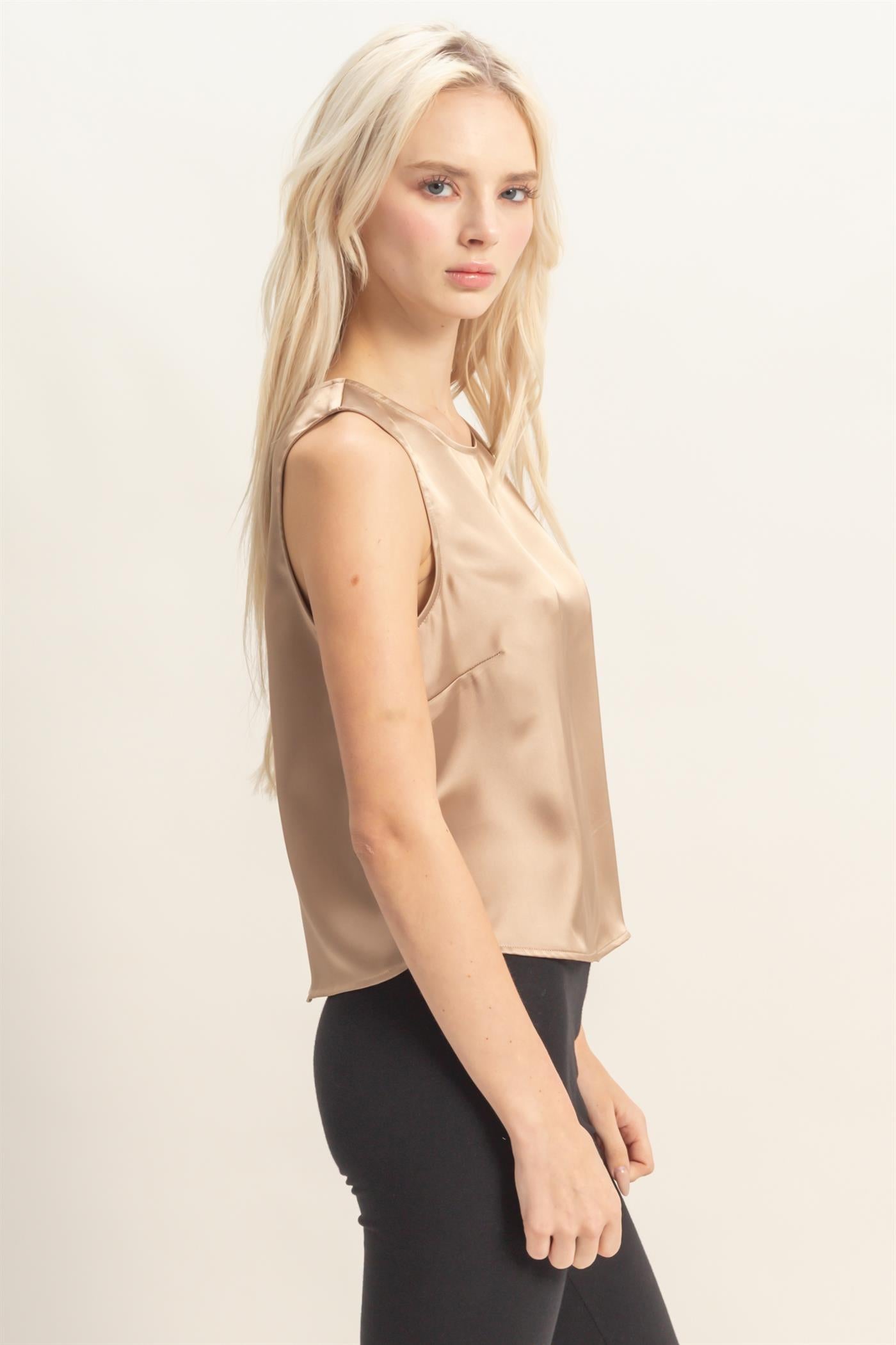 Wholesale Satin Sleeveless Round Neck Top With Back Keyhole Clothing Tops DZ26C084 DARK TAUPE DOUBLE ZERO