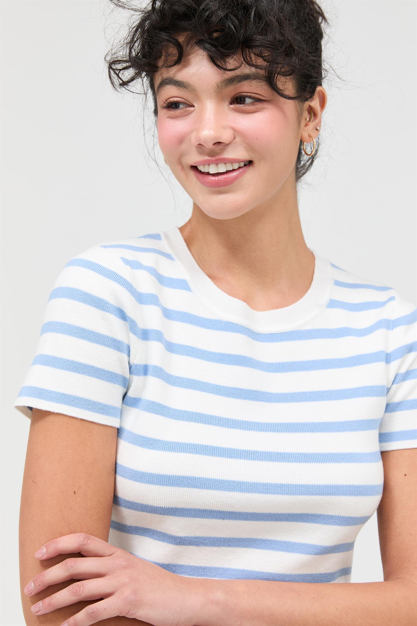 Wholesale Striped And Knit Crew Neck Crop Top Clothing Tops DZ26A139 ICE BLUE DOUBLE ZERO