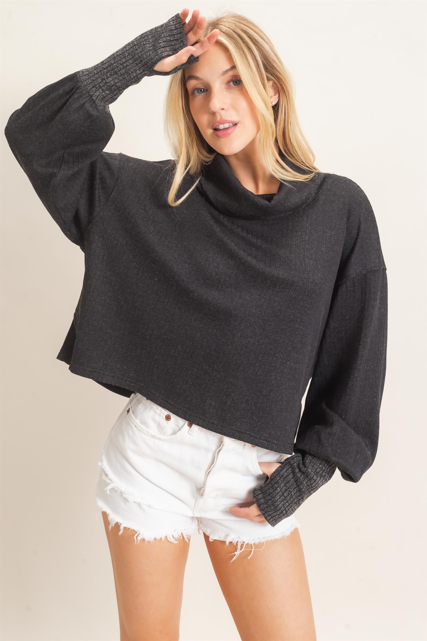 Wholesale Loose Turtleneck Long Sleeve Top Clothing Tops HF26F258 BLACK HYFVE
