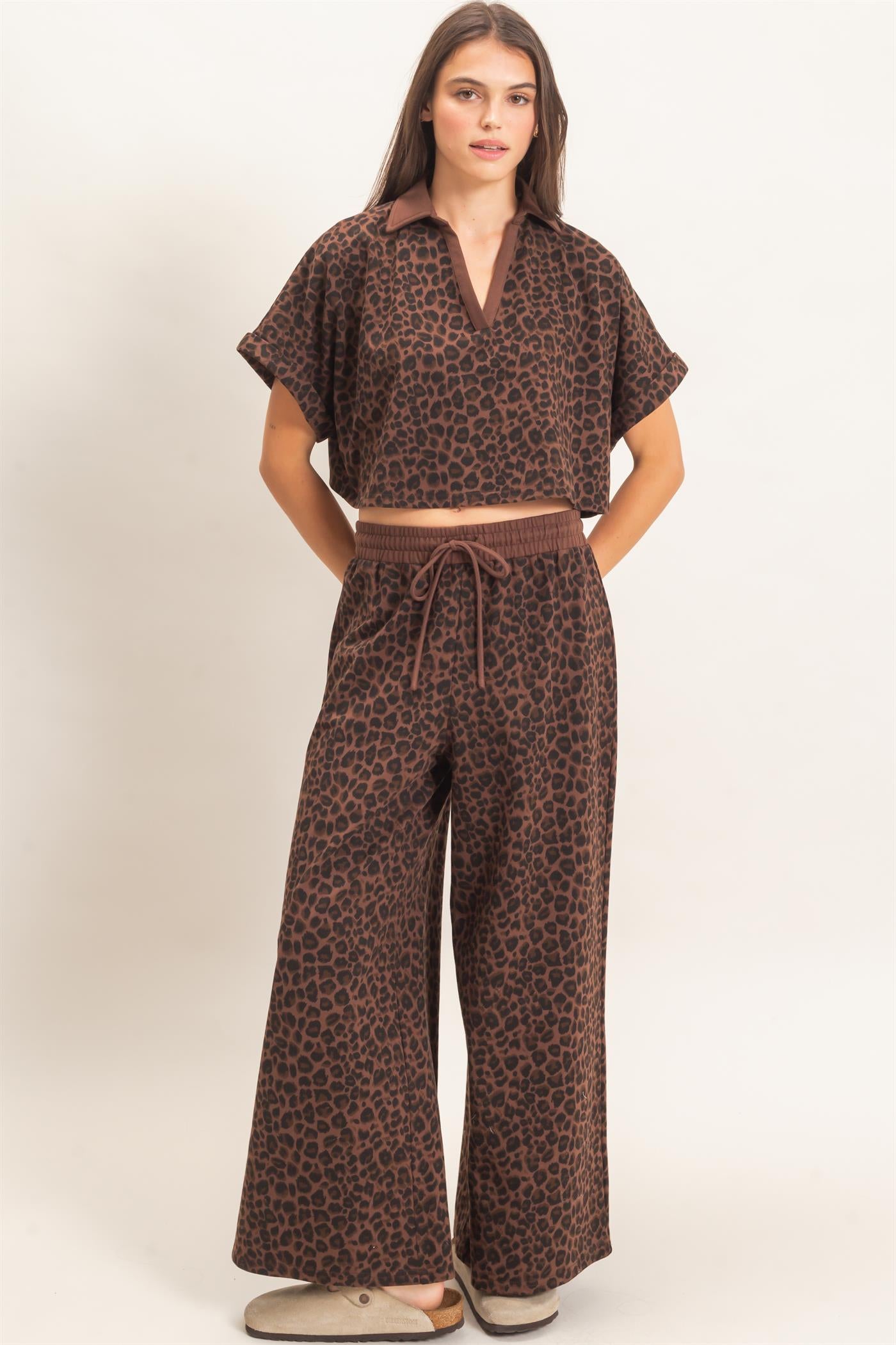 Wholesale Leopard Print Top And Pant Set Clothing HF26E704-SET BROWN HYFVE