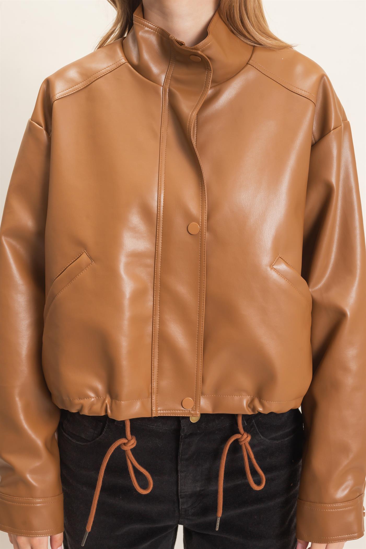 Wholesale Faux Leather Jacket With Stand Collar Bomber Jackets HF25F452 BROWN HYFVE