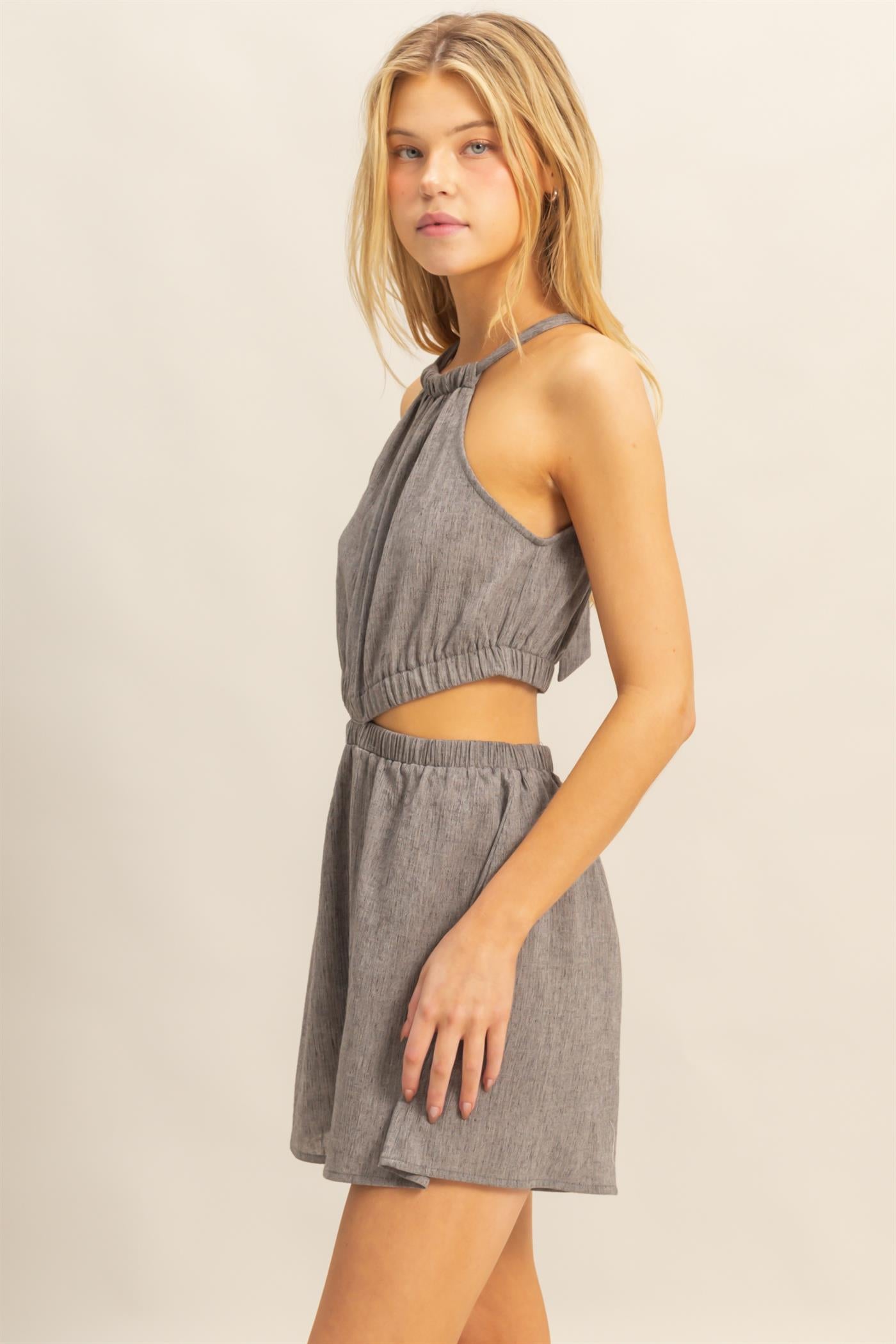 Wholesale Halter Neck Side Cutout Relaxed Fit Romper Clothing HF25A221 CHARCOAL HYFVE