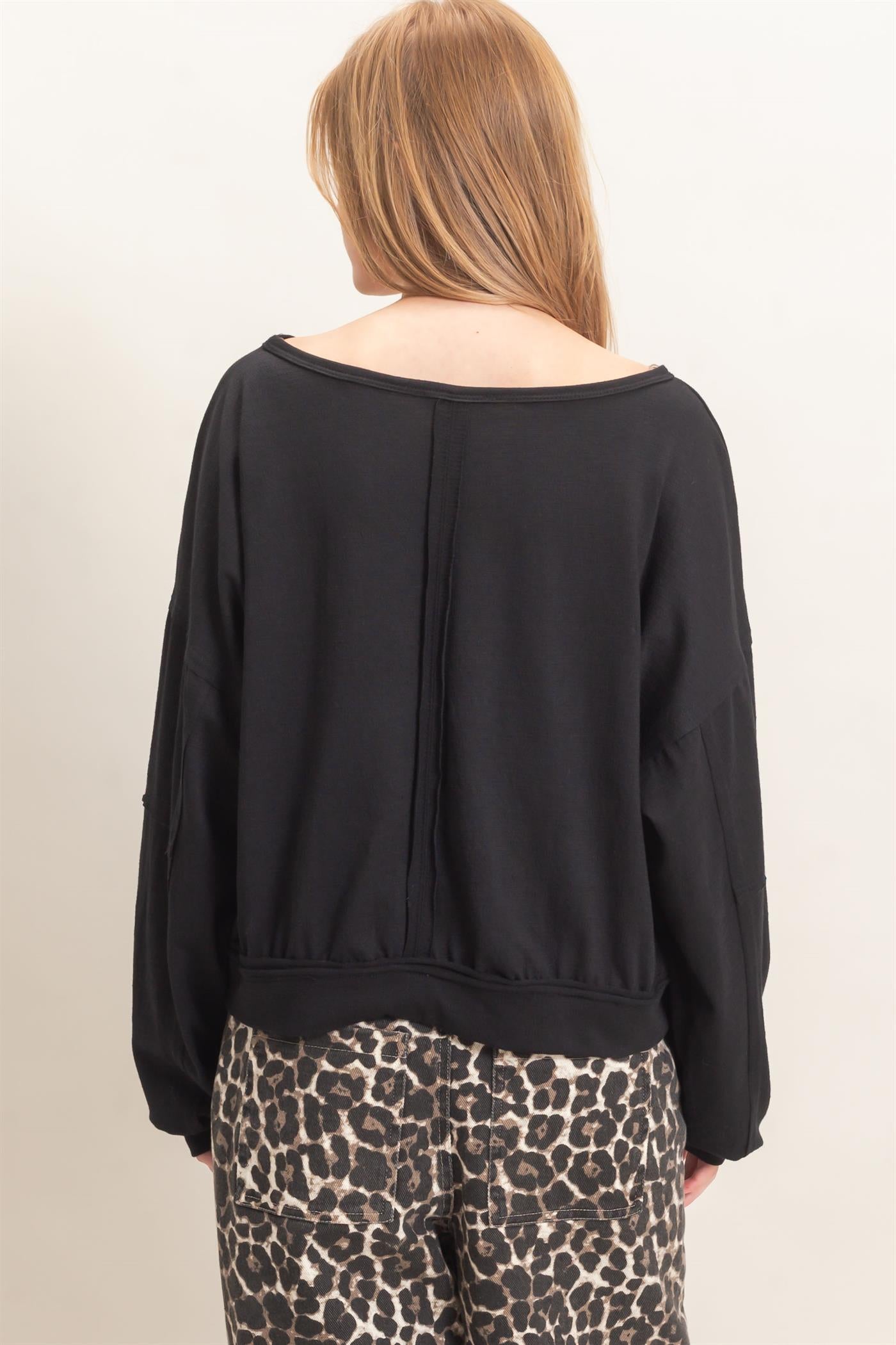 Wholesale Relaxed Boat Neck Long Sleeve Top Clothing Tops HF25F340 BLACK HYFVE